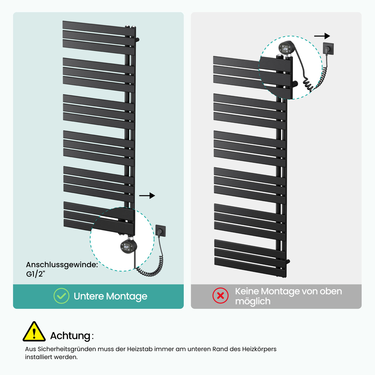 glasvilla Badheizkörper,mit Heizstab Badheizung,Handtuchheizkörper mit Seitenanschluss, Handtuchwärmer mit Heizstab 600W/900W, App-Steuerung, Thermostat und Timerfunktion,FN con Heizstab-03