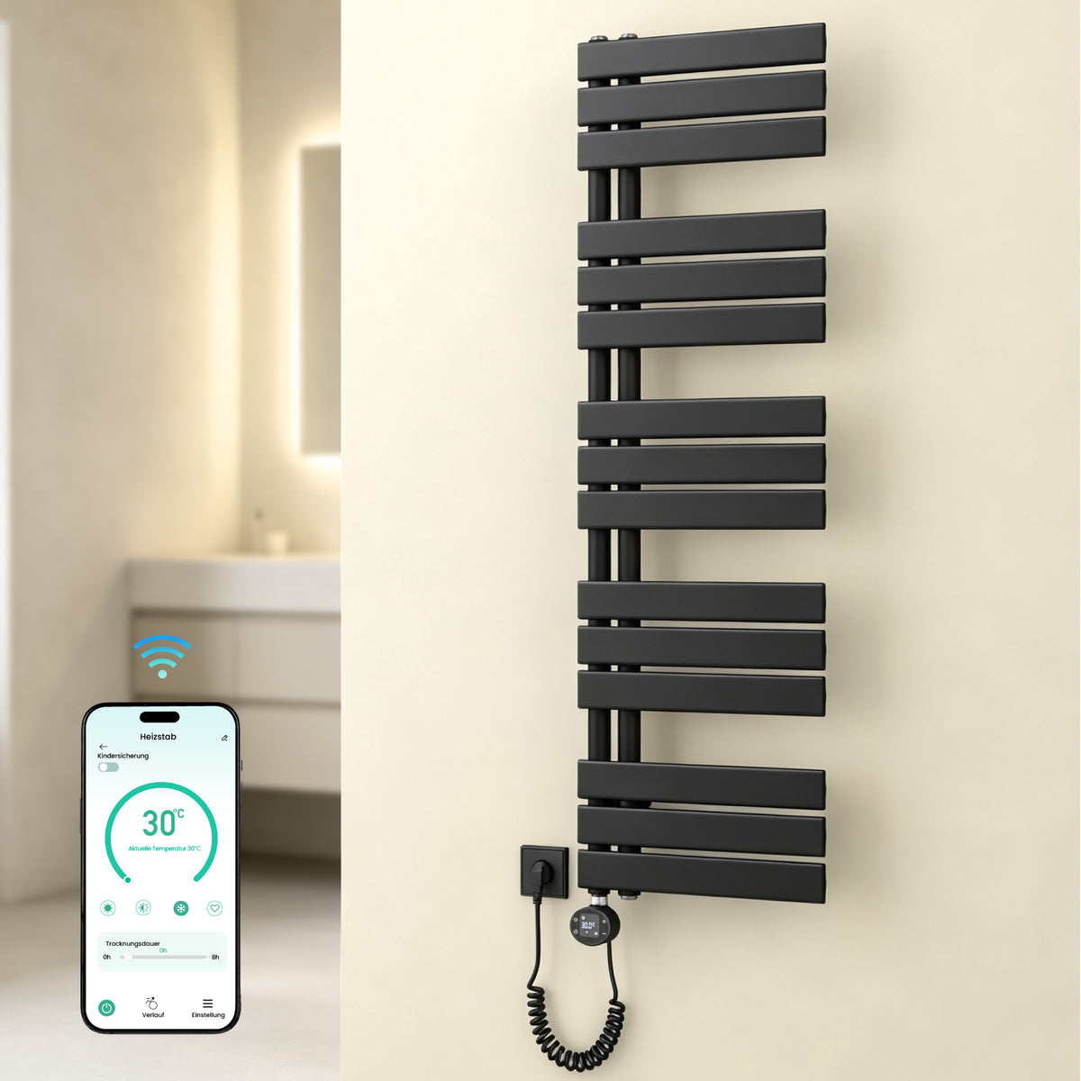 glasvilla Badheizkörper,mit Heizstab Badheizung,Handtuchheizkörper mit Seitenanschluss, Handtuchwärmer mit Heizstab 600W/900W, App-Steuerung, Thermostat und Timerfunktion,FN con Heizstab-03