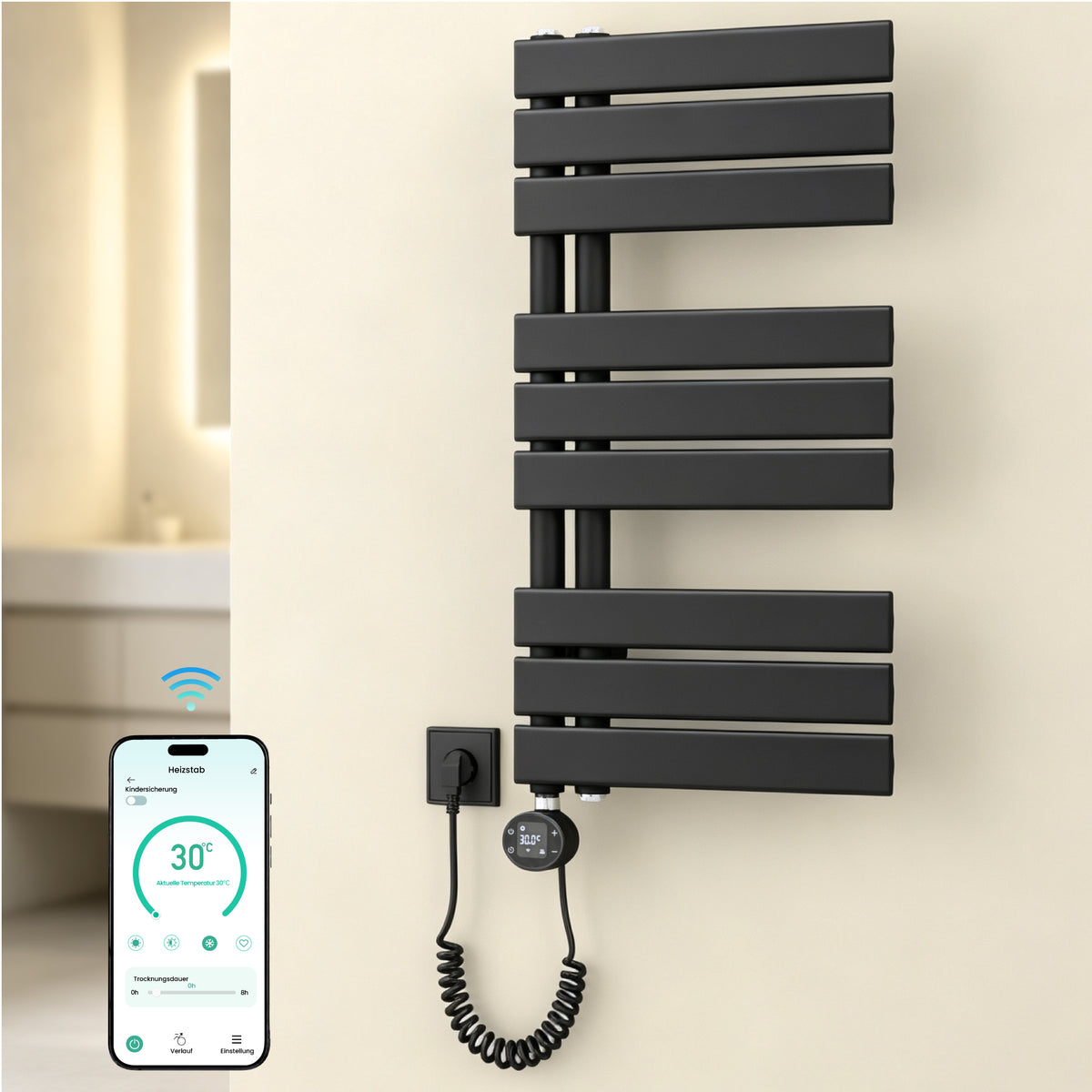 glasvilla Badheizkörper,mit Heizstab Badheizung,Handtuchheizkörper mit Seitenanschluss, Handtuchwärmer mit Heizstab 600W/900W, App-Steuerung, Thermostat und Timerfunktion,FN con Heizstab-03