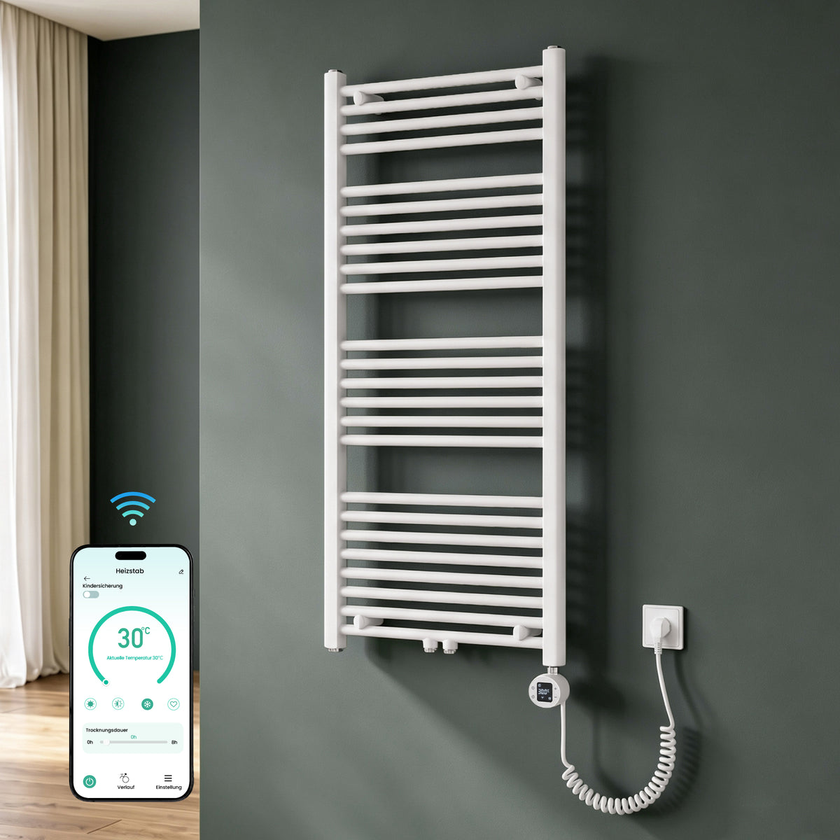 glasvilla Badheizkörper mit Heizstab Badheizung Handtuchheizkörper elektrisch mit App-Steuerung, Thermostat & Timer-Funktion, Röhrenheizkörper Seitenanschluss