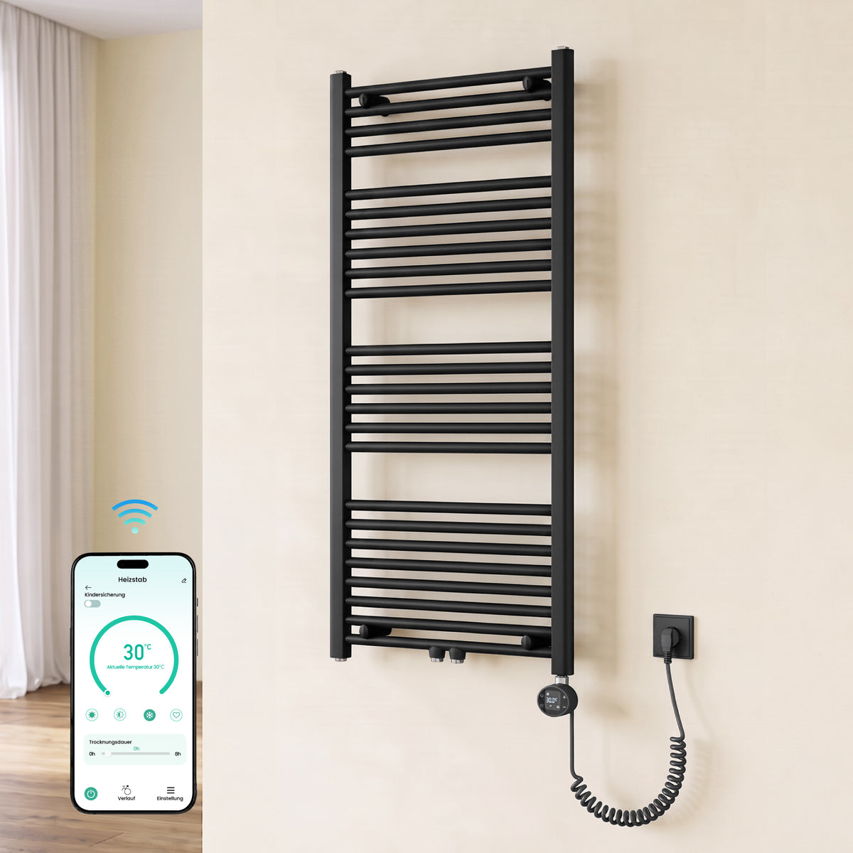 glasvilla Badheizkörper mit Heizstab Badheizung Handtuchheizkörper elektrisch mit App-Steuerung, Thermostat & Timer-Funktion, Röhrenheizkörper Seitenanschluss