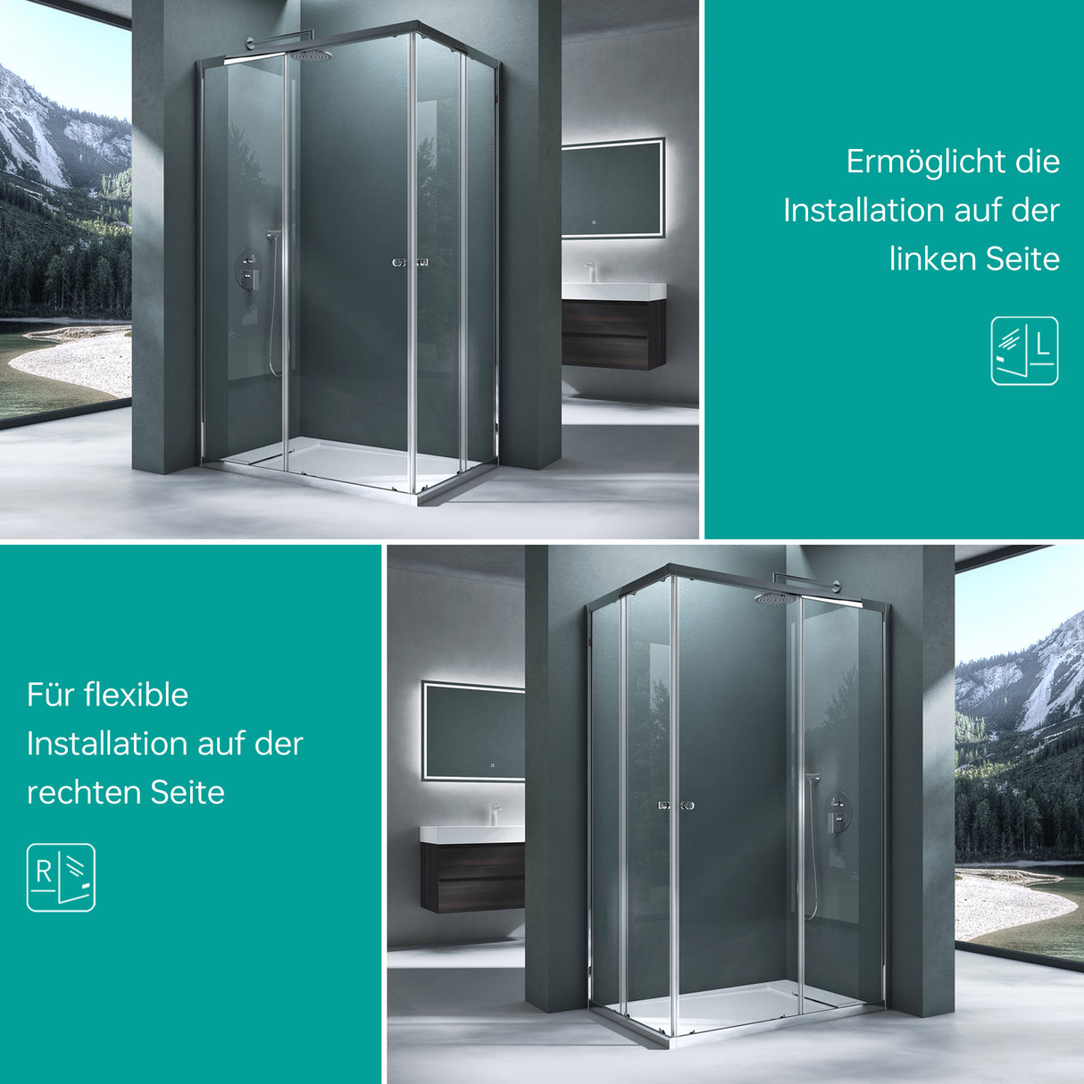 glasvilla Duschkabine mit Doppel-Schiebetür Duschtür Eckeinstieg Echtglas Lotuseffekt 6mm ESG-Sicherheitsglas Ravenna16K