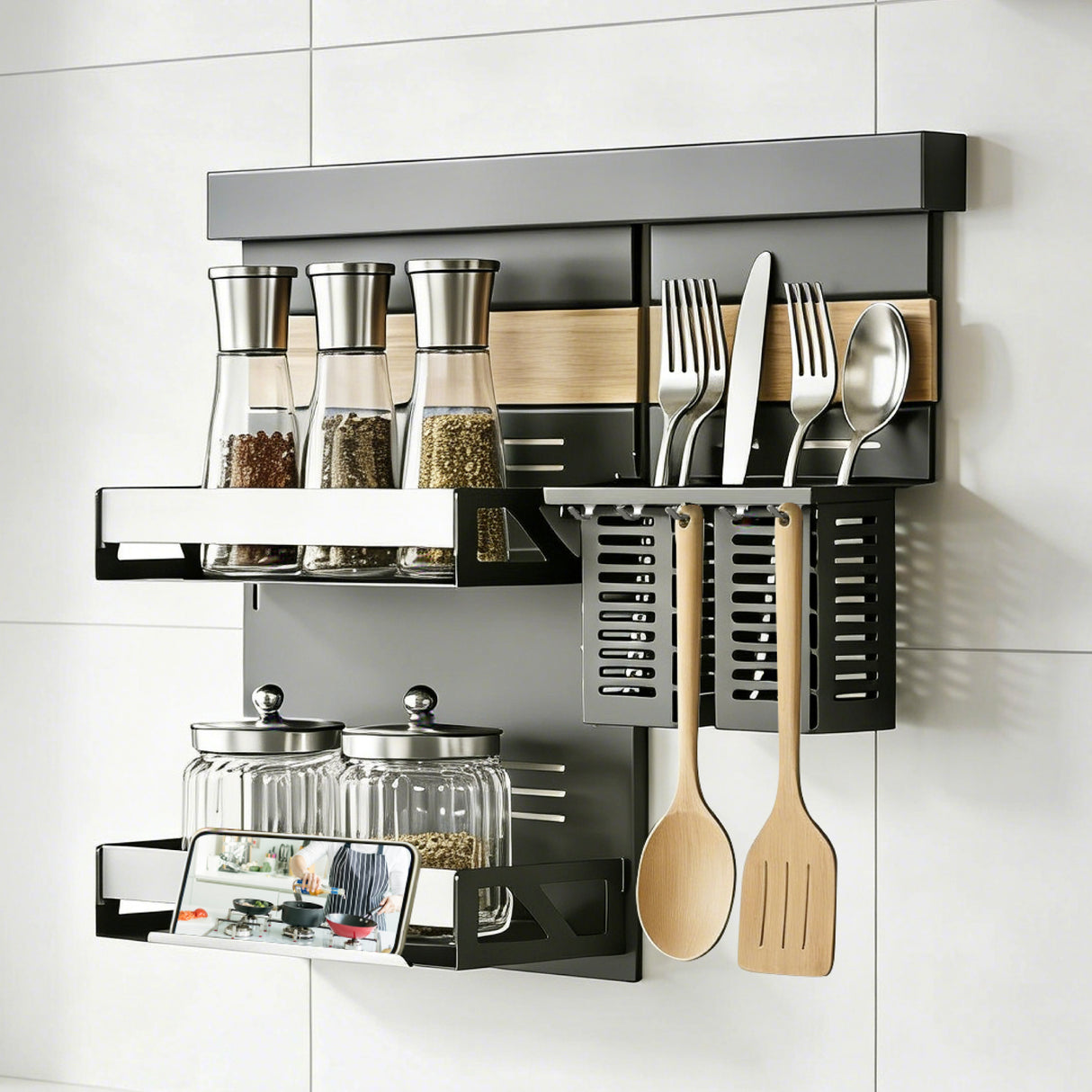 glasvilla Porta Spezie con Supporto per Cellulare o Porta Rotolo, Porta Coperchi a 3 Livelli e Porta Mestoli con 5 Ganci da Cucina, da Appendere con Guide, Reglo-09-12