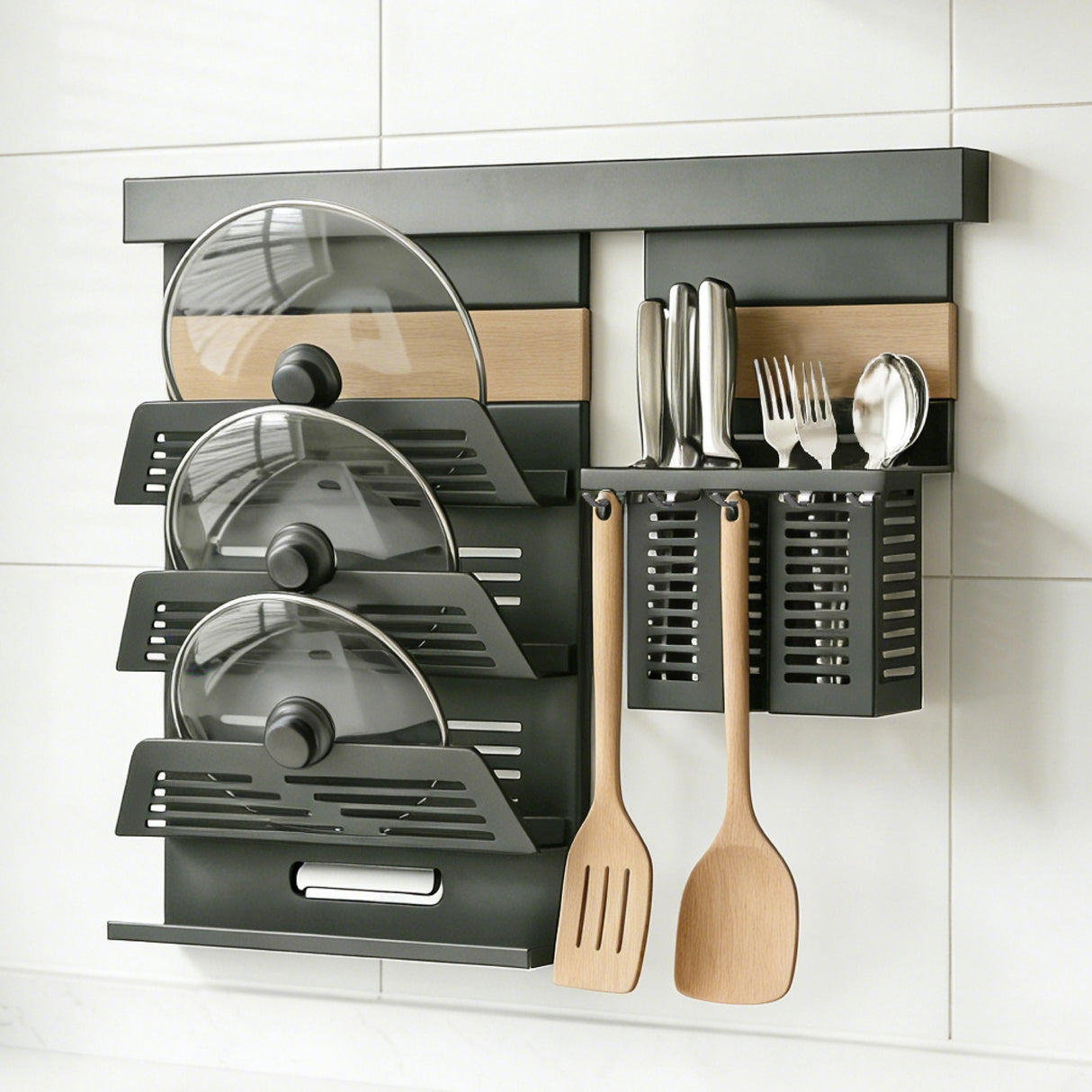 glasvilla Porta Spezie con Supporto per Cellulare o Porta Rotolo, Porta Coperchi a 3 Livelli e Porta Mestoli con 5 Ganci da Cucina, da Appendere con Guide, Reglo-09-12