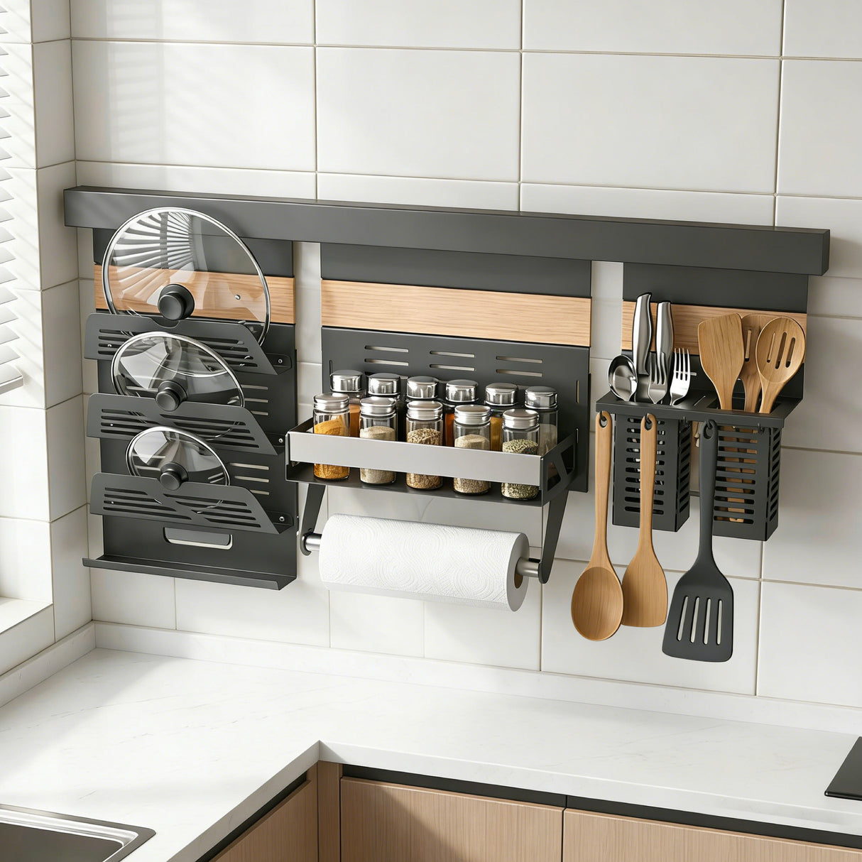 glasvilla Porta Spezie con Supporto per Cellulare o Porta Rotolo, Porta Coperchi a 3 Livelli e Porta Mestoli con 5 Ganci da Cucina, da Appendere con Guide, Reglo-09-12