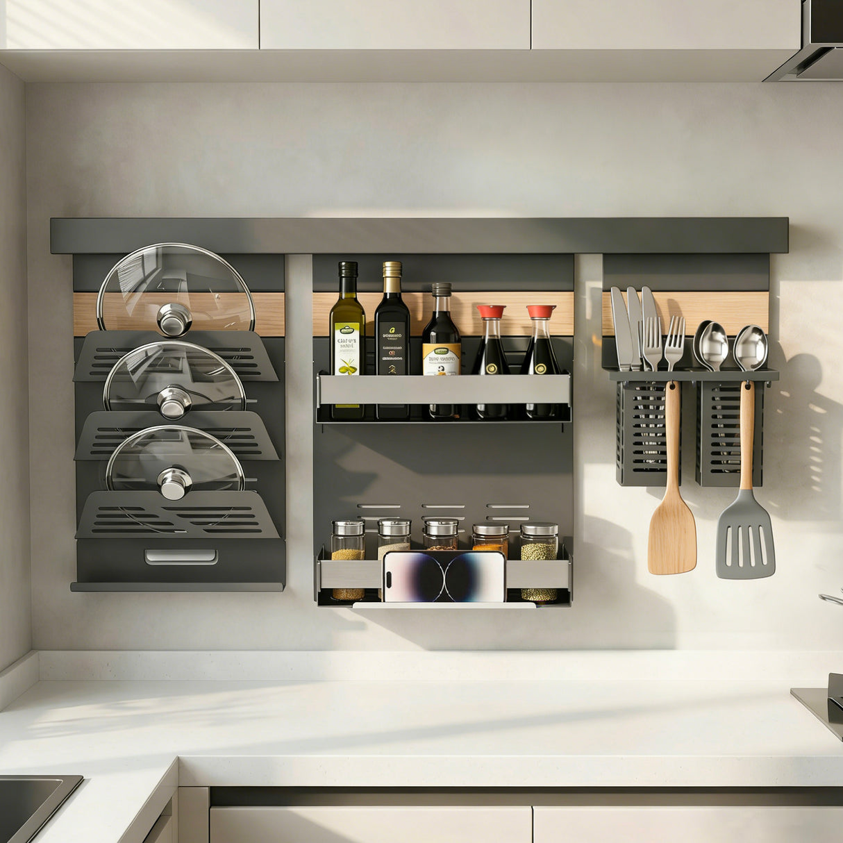glasvilla Porta Spezie con Supporto per Cellulare o Porta Rotolo, Porta Coperchi a 3 Livelli e Porta Mestoli con 5 Ganci da Cucina, da Appendere con Guide, Reglo-09-12