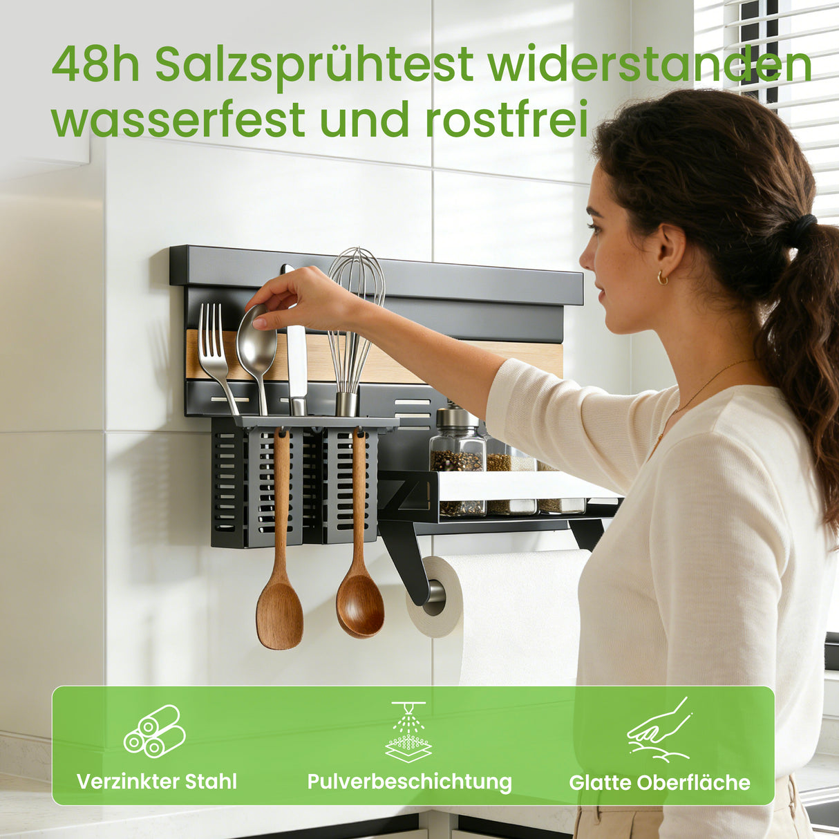 glasvilla Porta Spezie con Supporto per Cellulare o Porta Rotolo, Porta Coperchi a 3 Livelli e Porta Mestoli con 5 Ganci da Cucina, da Appendere con Guide, Reglo-09-12