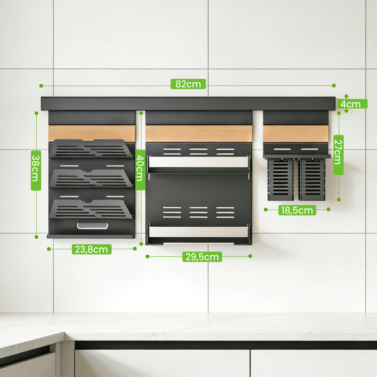 glasvilla Porta Spezie con Supporto per Cellulare o Porta Rotolo, Porta Coperchi a 3 Livelli e Porta Mestoli con 5 Ganci da Cucina, da Appendere con Guide, Reglo-09-12