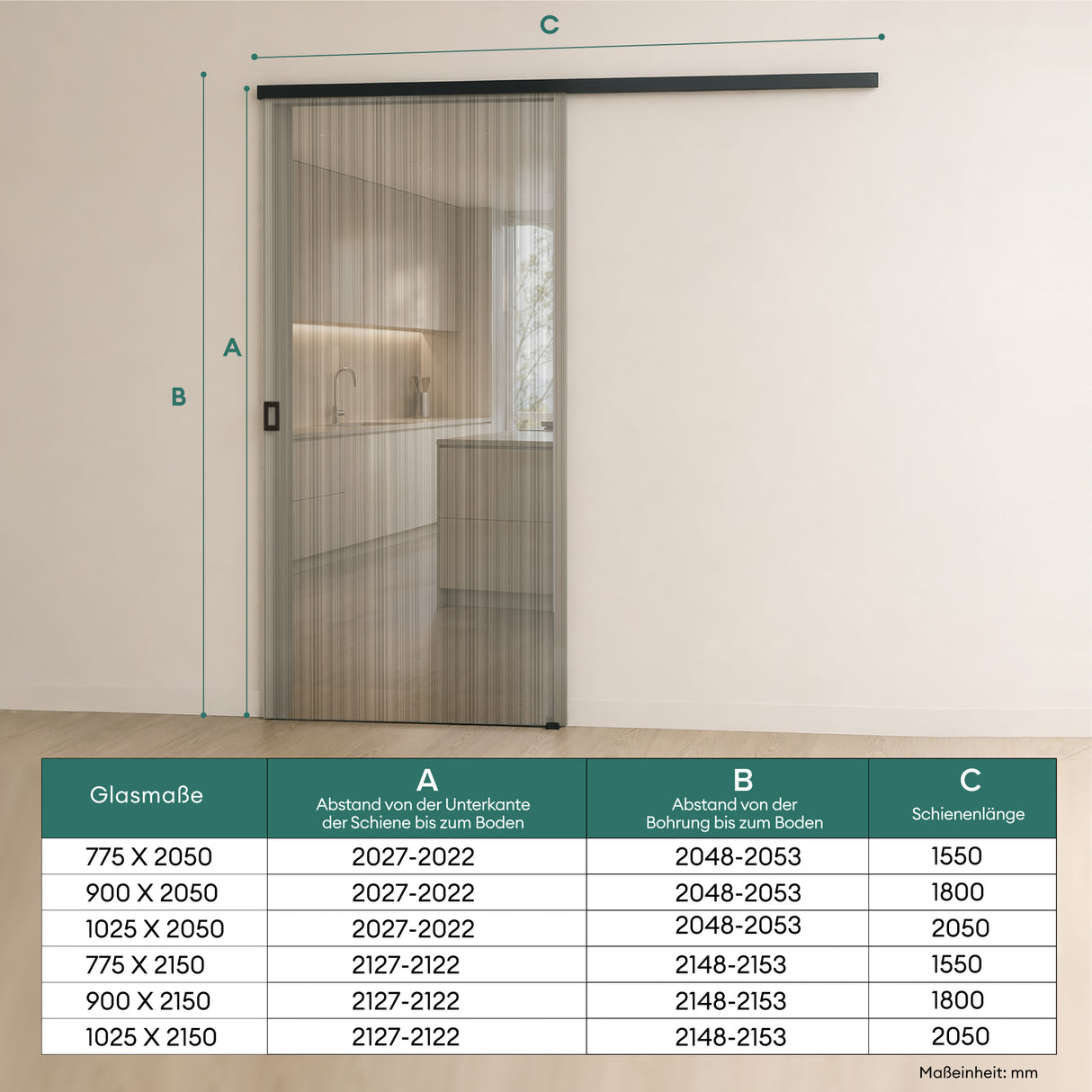 glasvilla Glasschiebetür komplettset Zimmertür Mate Negro 8mm ESG-Sicherheitsglas, Schiebetür Glas negro cepillado con riel de aluminio Muranino-001