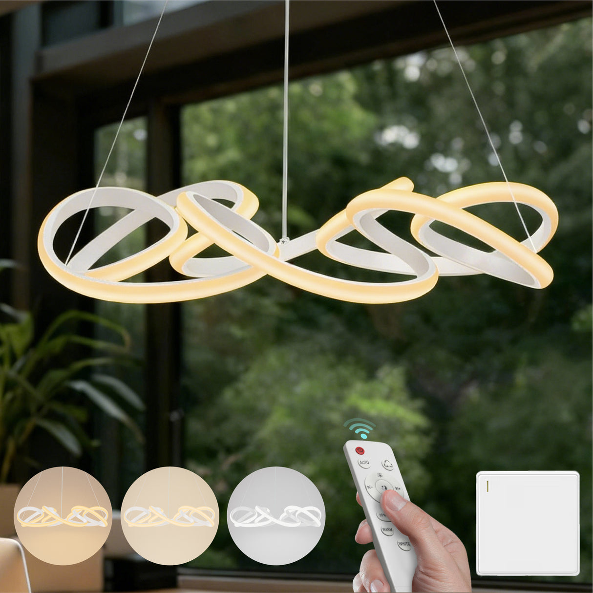 glasvilla Lampadario a Sospensione 67W con Filo 100 CM, Altezza Regolabile, Lampada da Soffitto a Sospensione per Camera da Letto e Soggiorno, 52cm, Bianco, Alivetta25040