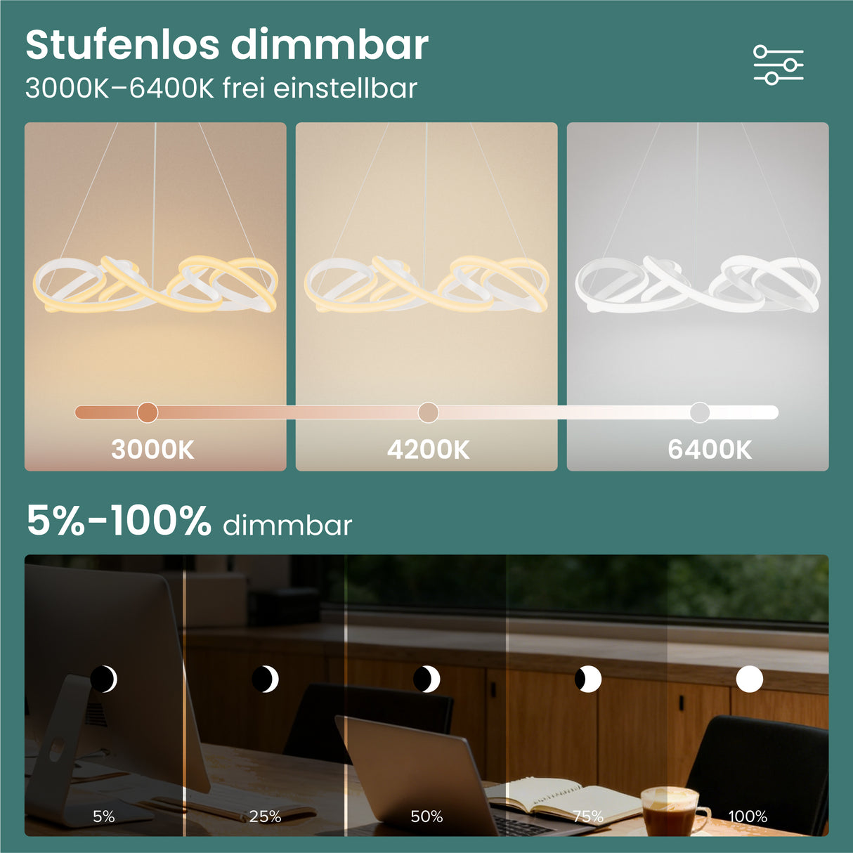 glasvilla Lampadario a Sospensione 67W con Filo 100 CM, Altezza Regolabile, Lampada da Soffitto a Sospensione per Camera da Letto e Soggiorno, 52cm, Bianco, Alivetta25040