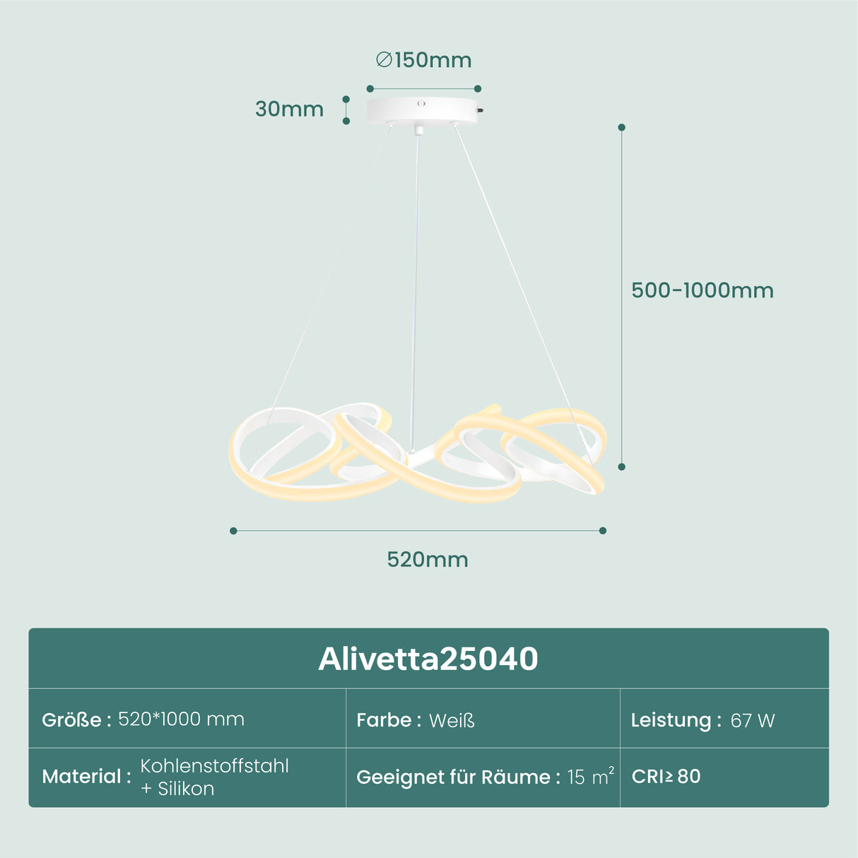 glasvilla Lampadario a Sospensione 67W con Filo 100 CM, Altezza Regolabile, Lampada da Soffitto a Sospensione per Camera da Letto e Soggiorno, 52cm, Bianco, Alivetta25040