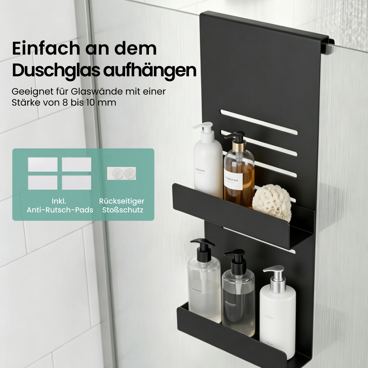glasvilla Duschablage zum Hängen, Duschregal Ohne Bohren für Glasduschtüren, Hängeregal mit 2 Etagen und 3 Haken, Badezimmer Organizer Oryne-01