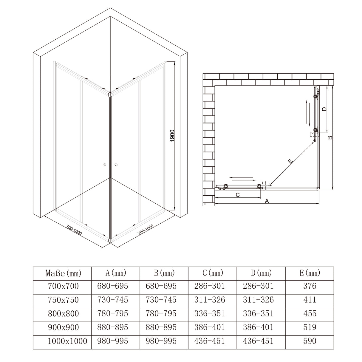 glasvilla Box doccia Angolare in Vetro, Cabina Bagno con Doppia Porta Scorrevole, Box Cabina Doccia in Vetro di Sicurezza ESG da 6 mm, Ravenna16MS