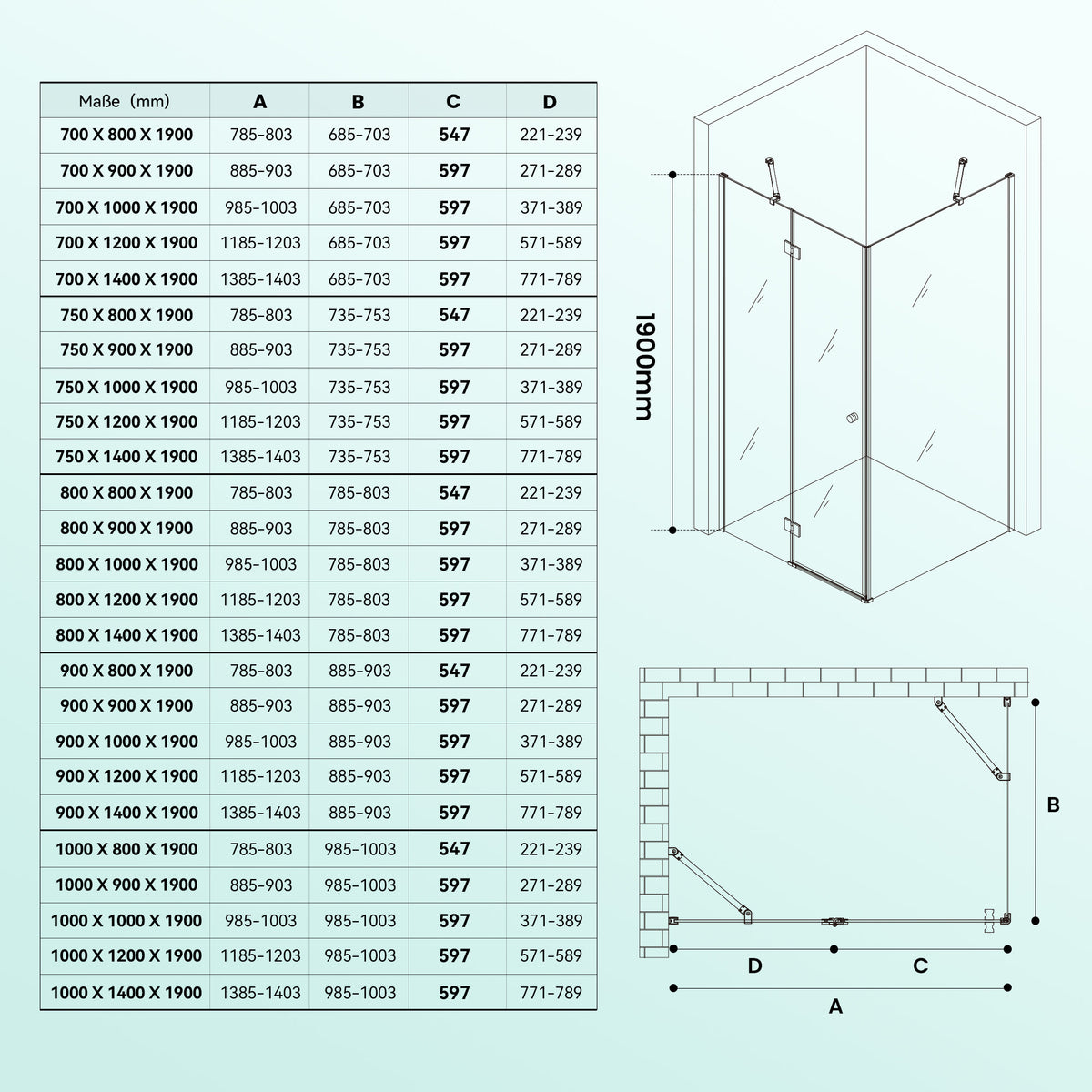 glasvilla Duschkabine 6mm Sicherheitsglas mit Easy-Clean durch NANO-Beschichtung Duschwand Duschabtrennung Ravenna05k-Plus