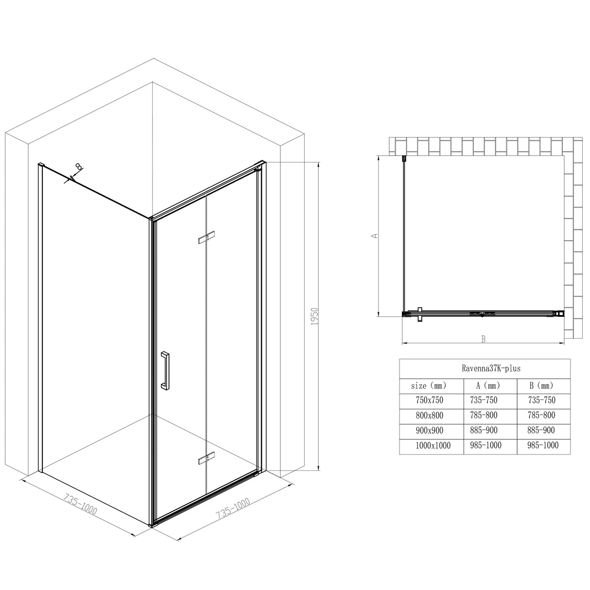 glasvilla Duschkabine Duschabtrennung 8mm ESG-Sicherheitsglas Nano-Beschichtung Hebe-Senk-Mechanismus Rav37-Plus