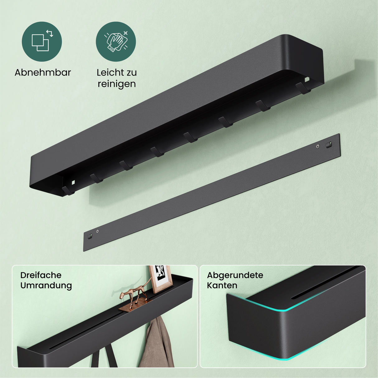 glasvilla Mensola con Attaccapanni da Parete Nascosti, Mensola in Metallo Rimovibile con Ganci per Ingresso, Camera da Letto, Bagno e Soggiorno, Reglo-05