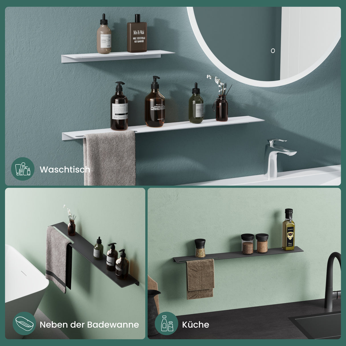 Étagère de douche en verre pour percer ou coller, étagère de salle de bain en aluminium, support mural pour salle de bain, organiseur de salle de bain Reglo-06