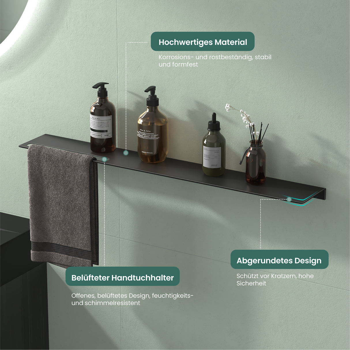 Estante de Ducha Glasvilla Reglo-06 Aluminio Premium 2-en-1 con Toallero (Atornillable o Adhesivo)