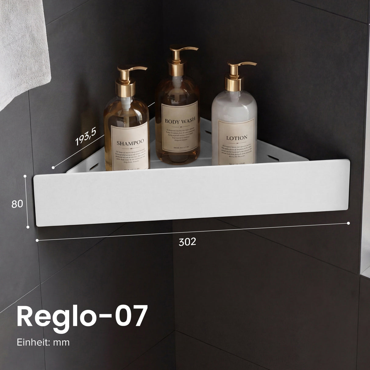 glasvilla Mensola Doccia Angolare in Acciaio al Carbonio, Antiruggine, Mensola Bagno Adesiva o con Foratura da Appendere per Shampoo Sapone Bagnoschiuma, Reglo-07
