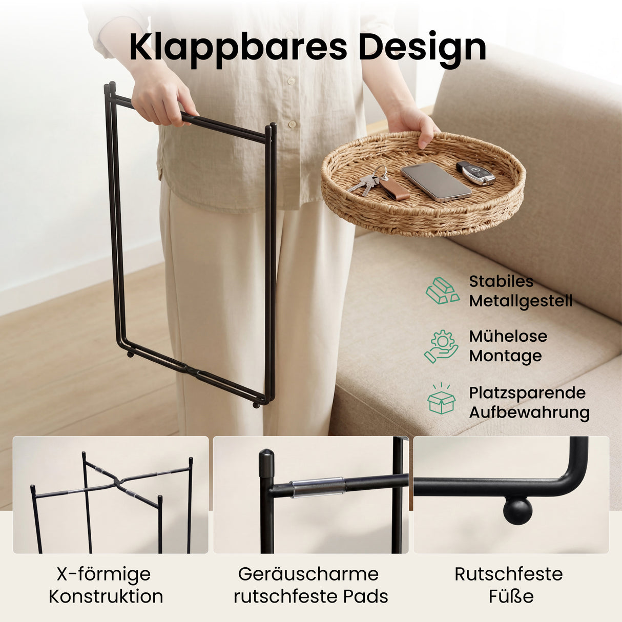 glasvilla Tavolino Salotto Rotondo con Vassoio Rimovibile, Telaio in Metallo Pieghevole, Intrecciato a Mano, Tavolino Moderno per Soggiorno, Camera da Letto, Reglo-08