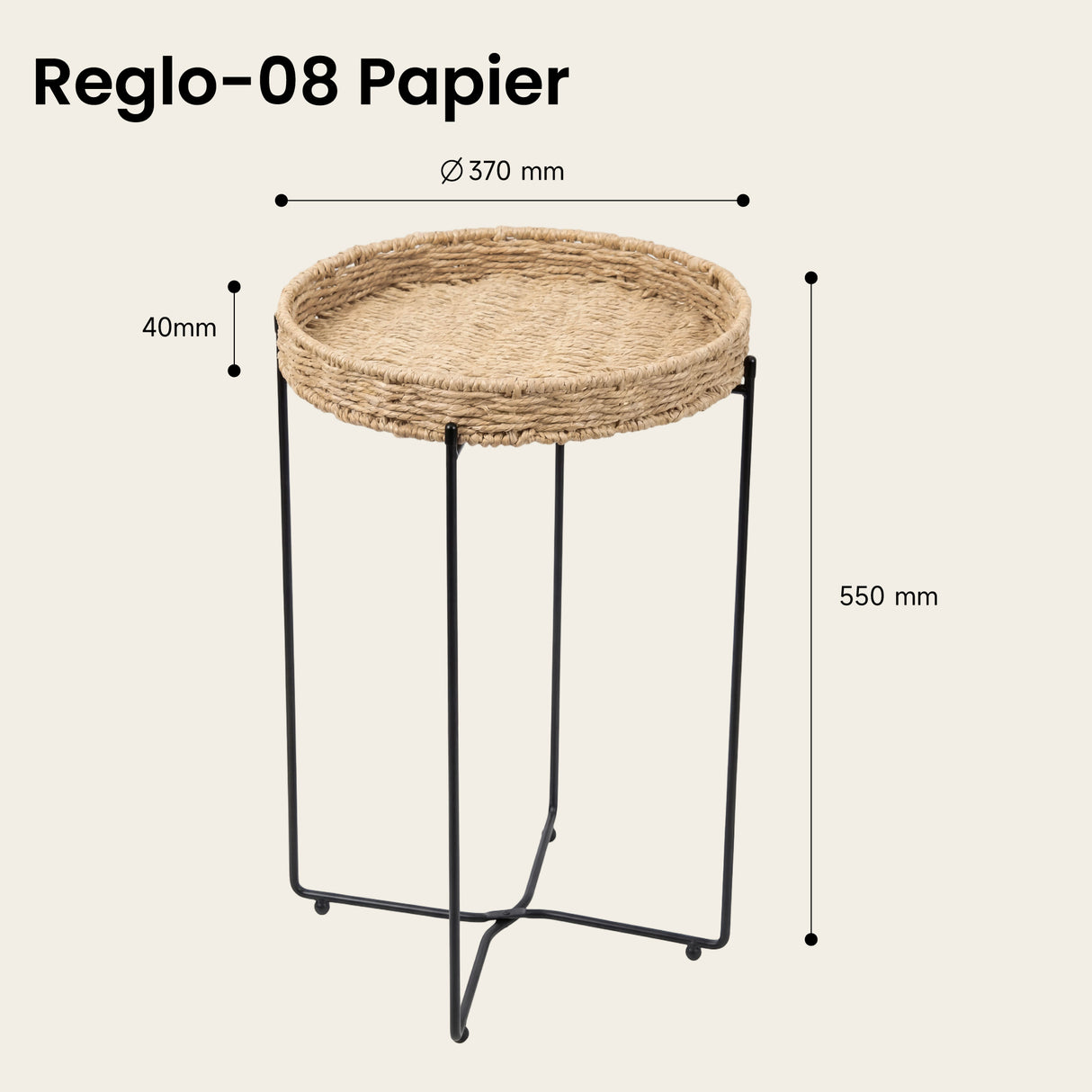 glasvilla Tavolino Salotto Rotondo con Vassoio Rimovibile, Telaio in Metallo Pieghevole, Intrecciato a Mano, Tavolino Moderno per Soggiorno, Camera da Letto, Reglo-08