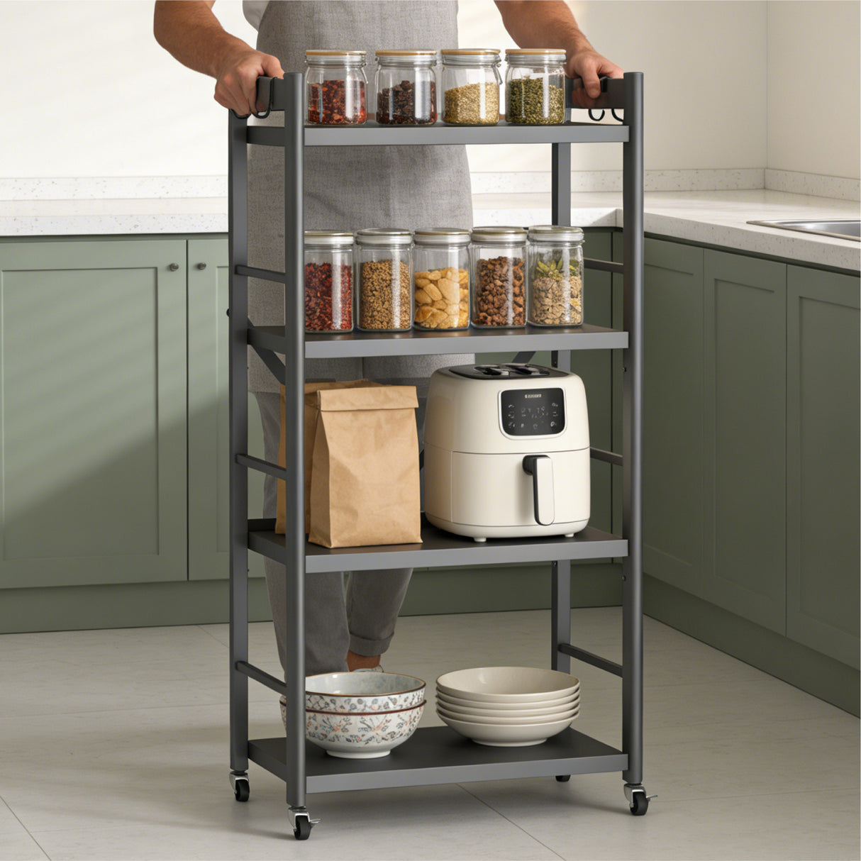 Glasvilla Scaffale da Cucina a 4 Ripiani con Ruote, Carrello da Cucina in Metallo Pieghevole, 4 Ganci Laterali, Portaoggetti per Condimenti, Pentole e Elettrodomestici, Grigio, 60x41x125cm, Reglo-13