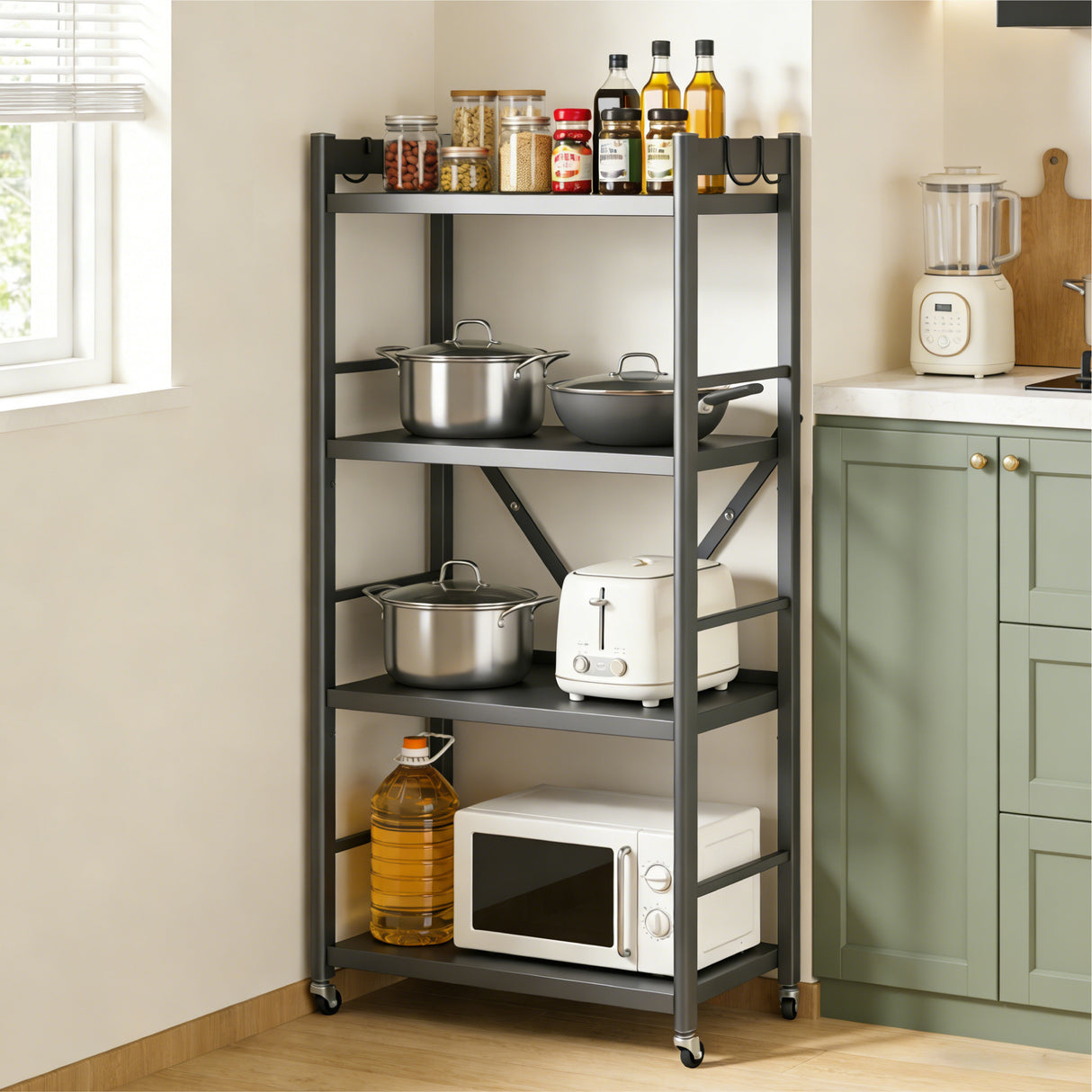 Glasvilla Scaffale da Cucina a 4 Ripiani con Ruote, Carrello da Cucina in Metallo Pieghevole, 4 Ganci Laterali, Portaoggetti per Condimenti, Pentole e Elettrodomestici, Grigio, 60x41x125cm, Reglo-13