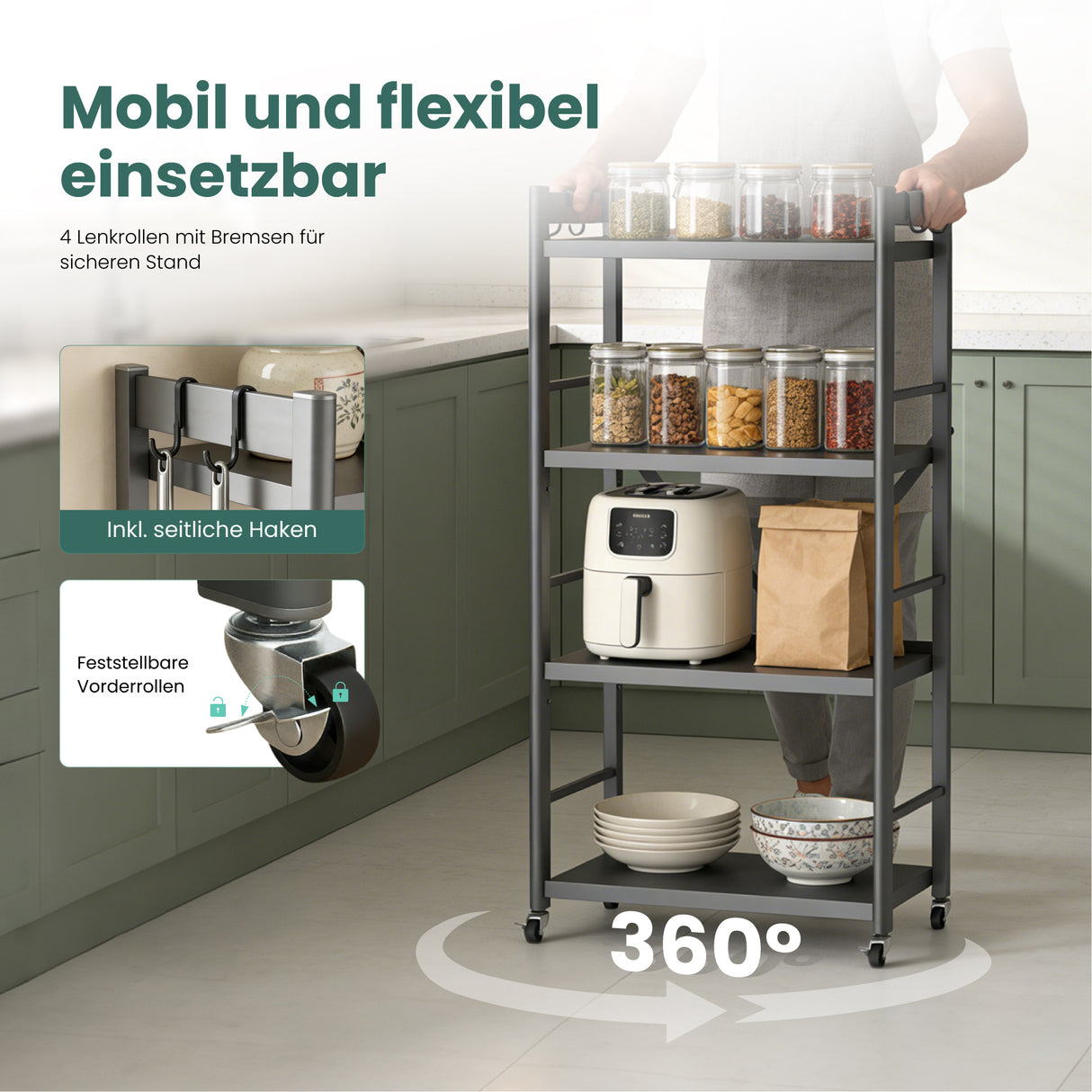 Glasvilla küchenregal stehend mit 4 Ebenen, Standregal küchen mit 4 Lenkrollen und Seitlichen Haken, Küchen Organizer für Mikrowelle, Töpfe & Gewürze, Reglo-13