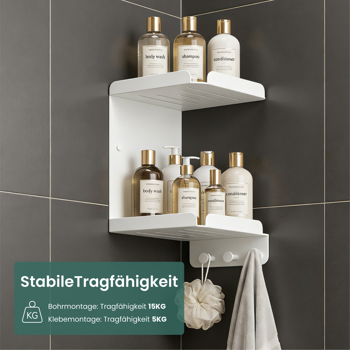 glasvilla Mensola Doccia Angolare in Acciaio al Carbonio, Antiruggine, Mensola Bagno da Appendere Adesiva o con Foratura per Shampoo Sapone Bagnoschiuma, Reglo-14