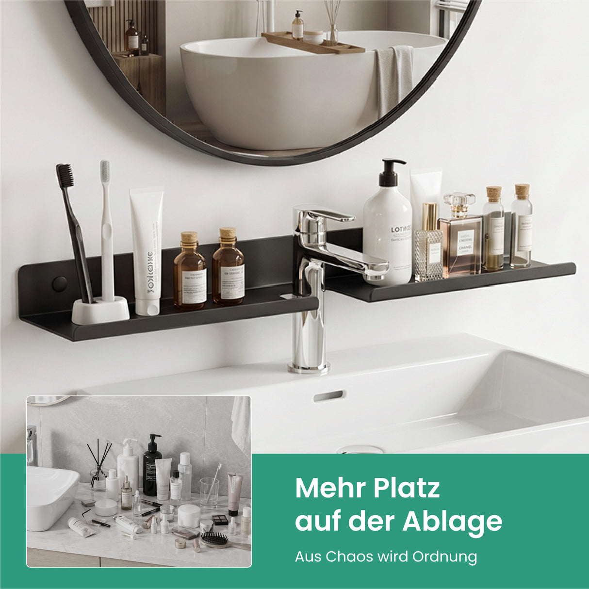 Glasvilla Duschregal zum Bohren oder Kleben, Waschbeckenregal über Wasserhahn, Wandregal für Küche und Bad, Badezimmer Organizer Reglo-17