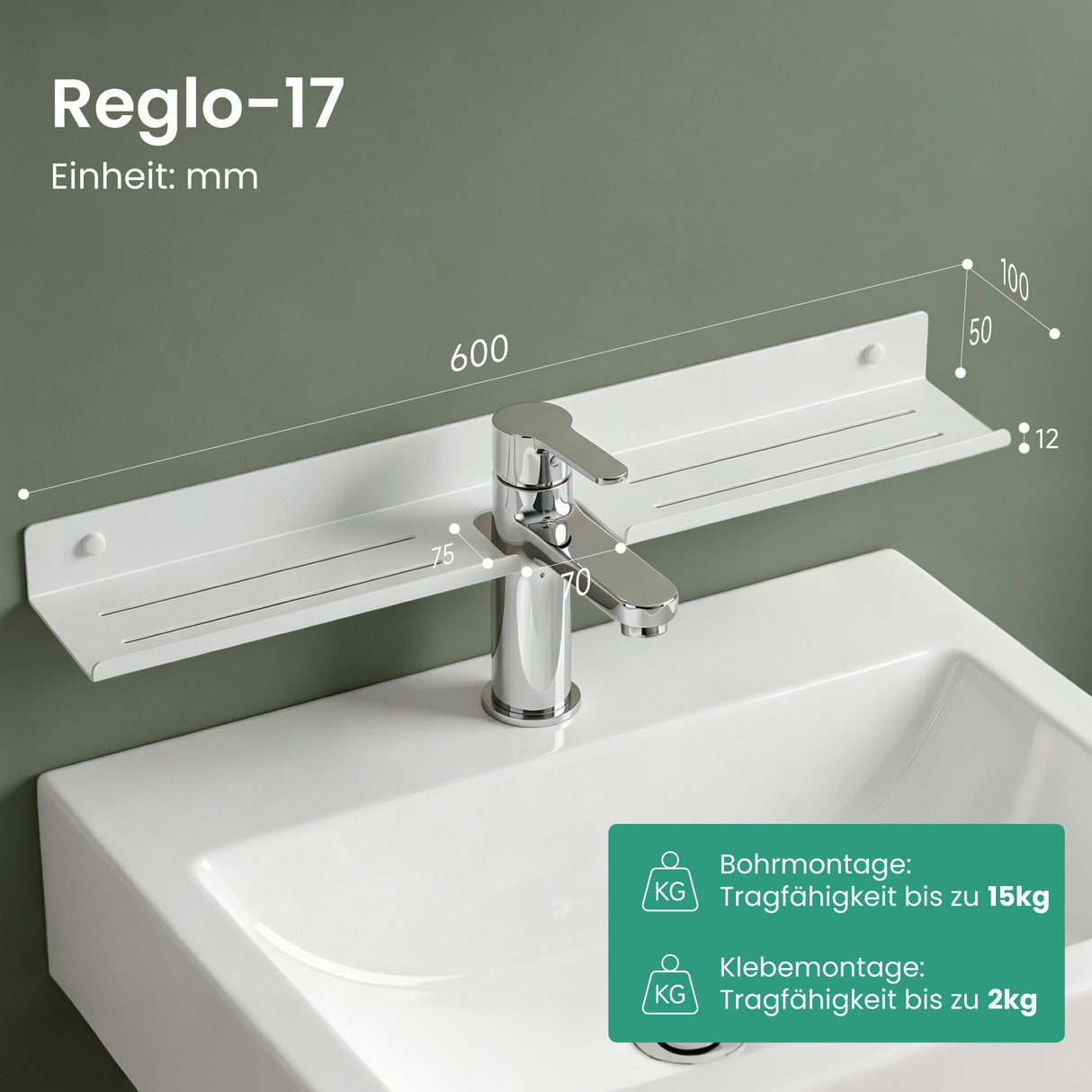 Glasvilla Duschregal zum Bohren oder Kleben, Waschbeckenregal über Wasserhahn, Wandregal für Küche und Bad, Badezimmer Organizer Reglo-17