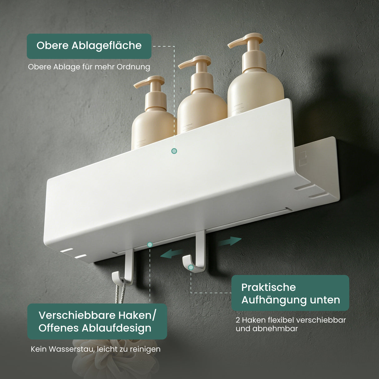 glasvilla Duschablage ohne Bohren mit 2 Schiebehaken, Reglo-18 40cm | Duschregal ohne Bohren oder mit Bohren, Ablaufdesign Badezimmer Organizer, Metall, Shampoo Halterung für Dusche, Bad & Küche
