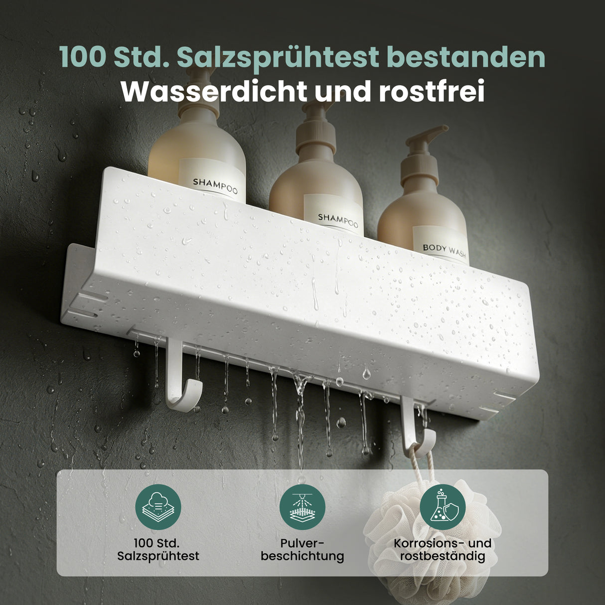 glasvilla Duschablage ohne Bohren mit 2 Schiebehaken, Reglo-18 40cm | Duschregal ohne Bohren oder mit Bohren, Ablaufdesign Badezimmer Organizer, Metall, Shampoo Halterung für Dusche, Bad & Küche