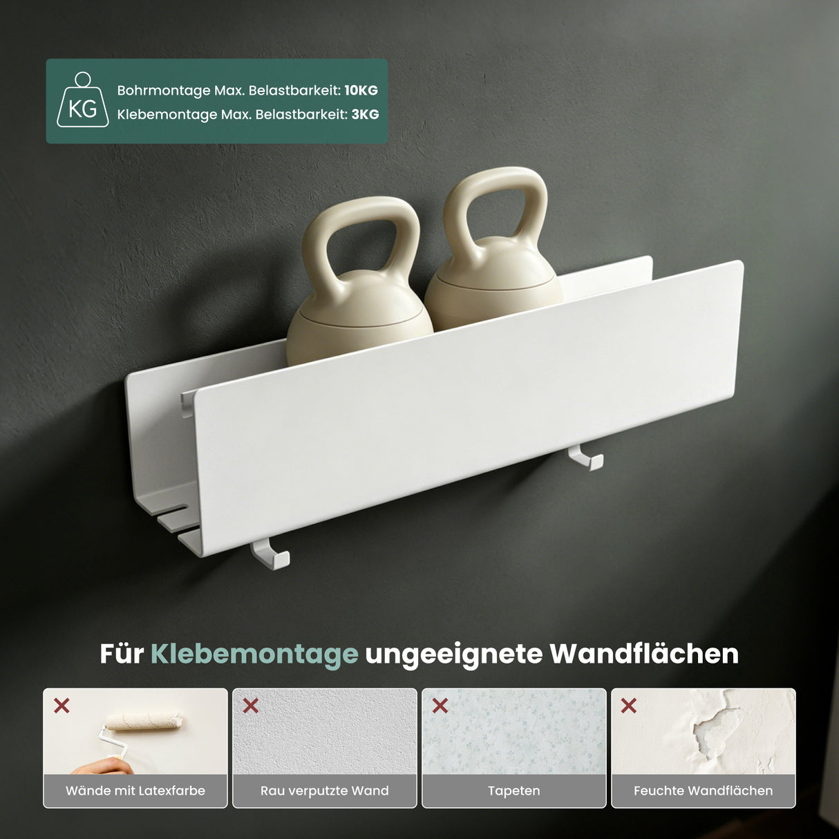 glasvilla Duschablage ohne Bohren mit 2 Schiebehaken, Reglo-18 40cm | Duschregal ohne Bohren oder mit Bohren, Ablaufdesign Badezimmer Organizer, Metall, Shampoo Halterung für Dusche, Bad & Küche