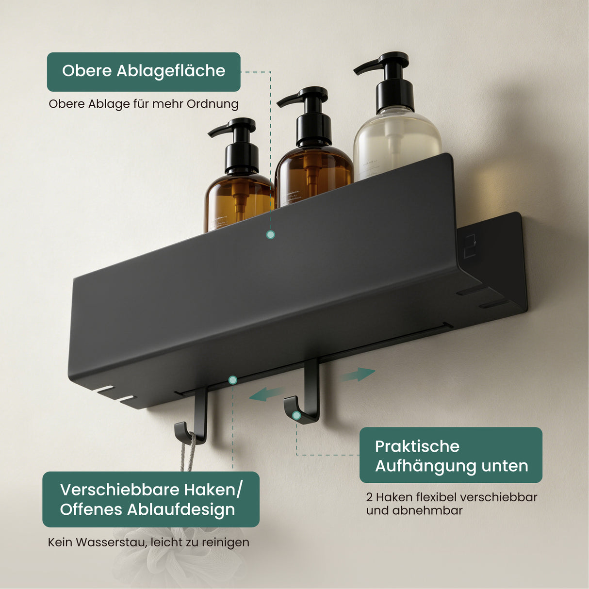 glasvilla Duschablage ohne Bohren mit 2 Schiebehaken, Reglo-18 40cm | Duschregal ohne Bohren oder mit Bohren, Ablaufdesign Badezimmer Organizer, Metall, Shampoo Halterung für Dusche, Bad & Küche