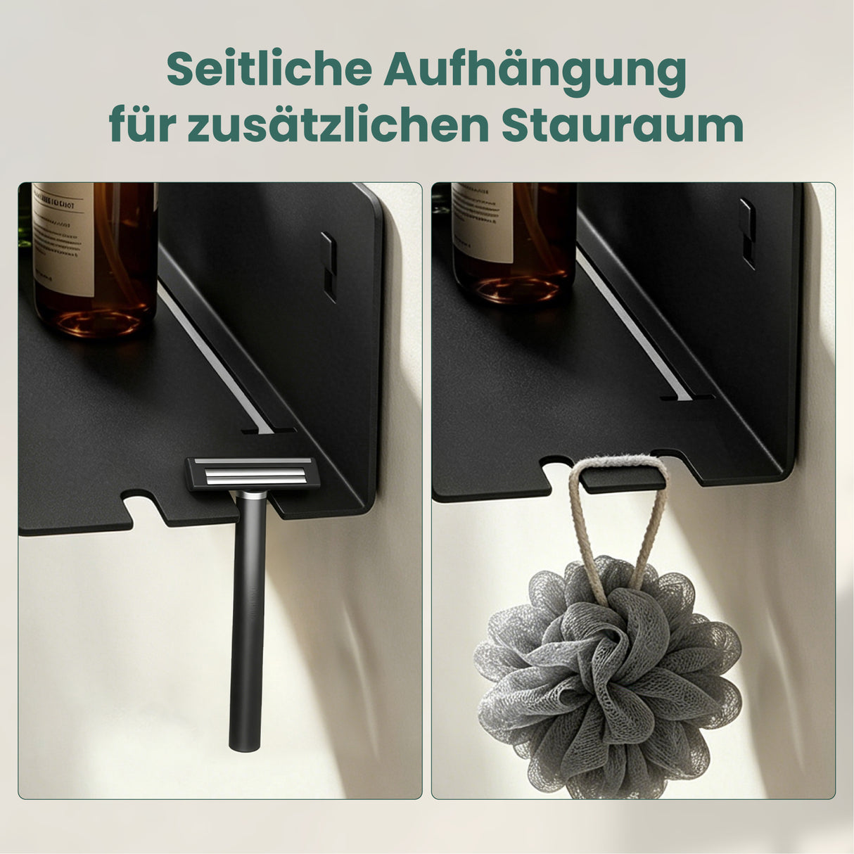 glasvilla Duschablage ohne Bohren mit 2 Schiebehaken, Reglo-18 40cm | Duschregal ohne Bohren oder mit Bohren, Ablaufdesign Badezimmer Organizer, Metall, Shampoo Halterung für Dusche, Bad & Küche