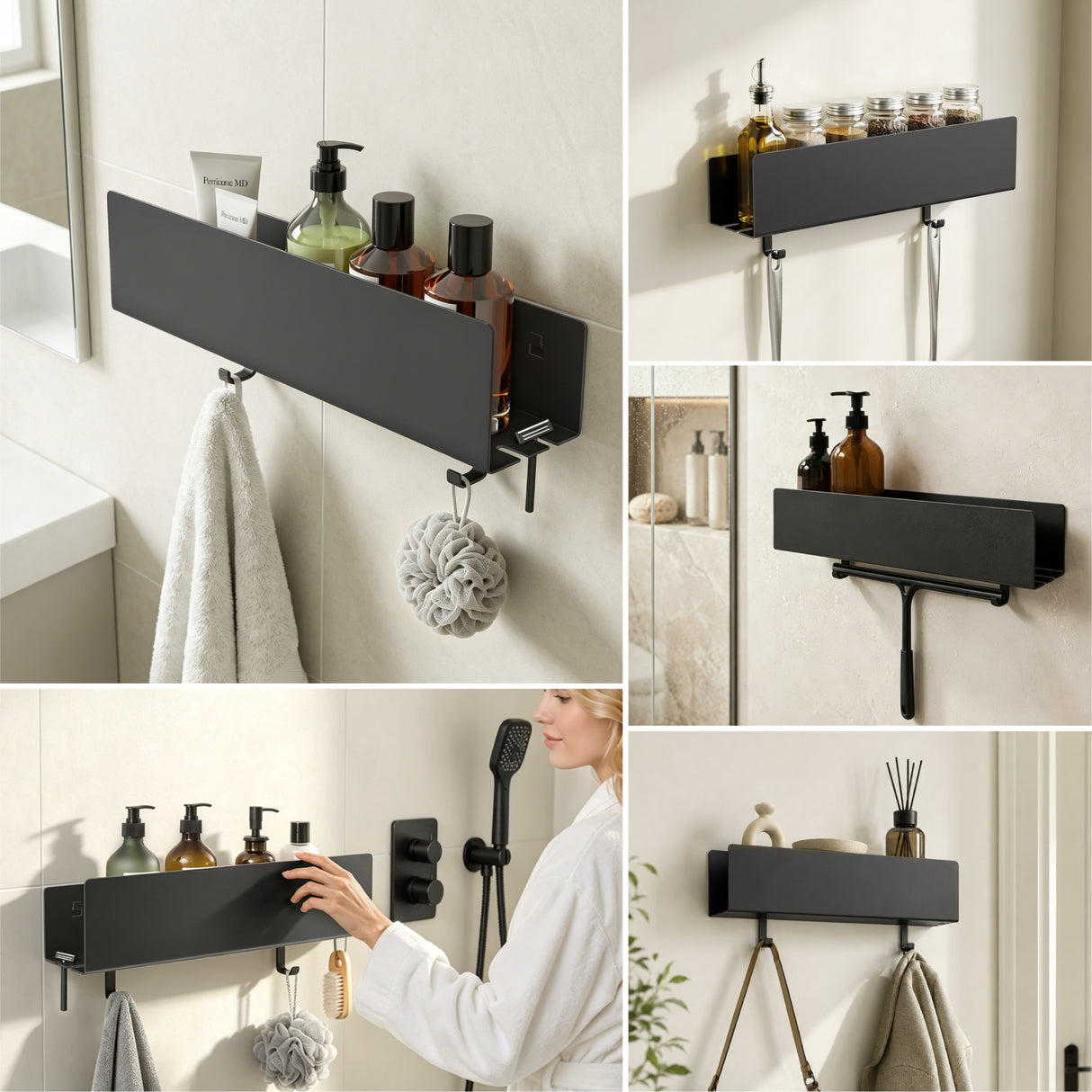 glasvilla Duschablage ohne Bohren mit 2 Schiebehaken, Reglo-18 40cm | Duschregal ohne Bohren oder mit Bohren, Ablaufdesign Badezimmer Organizer, Metall, Shampoo Halterung für Dusche, Bad & Küche