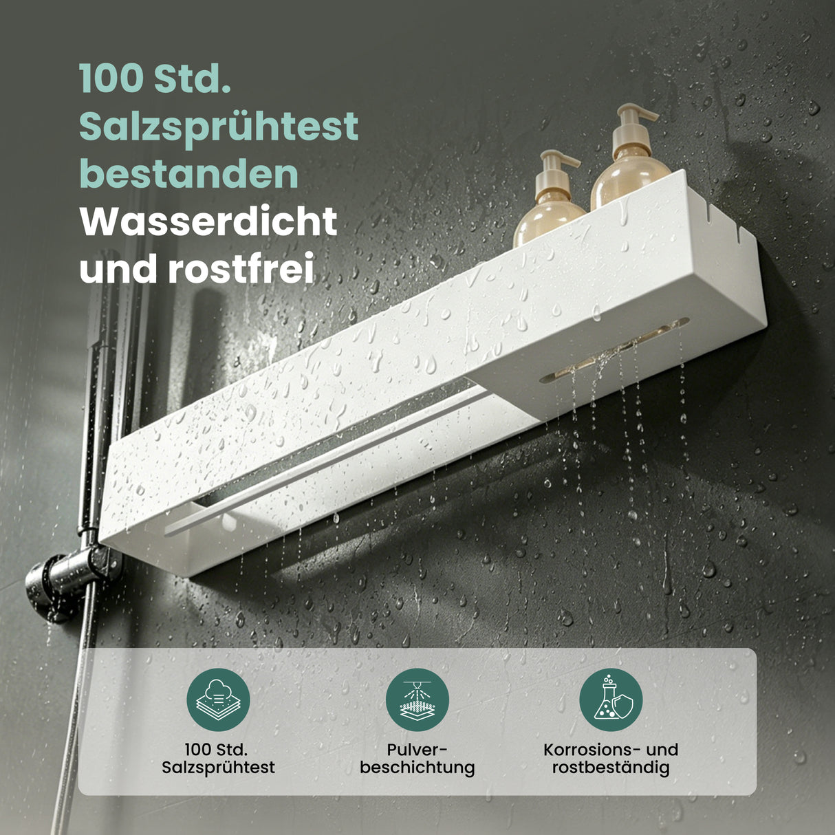 glasvilla Duschablage ohne Bohren mit Handtuchhalter, 60cm Reglo-18 | Duschregal ohne Bohren oder mit Bohren, Drainage, Duschablage zum Hängen, Metall, Shampoo Halterung für Dusche, Bad, Küche