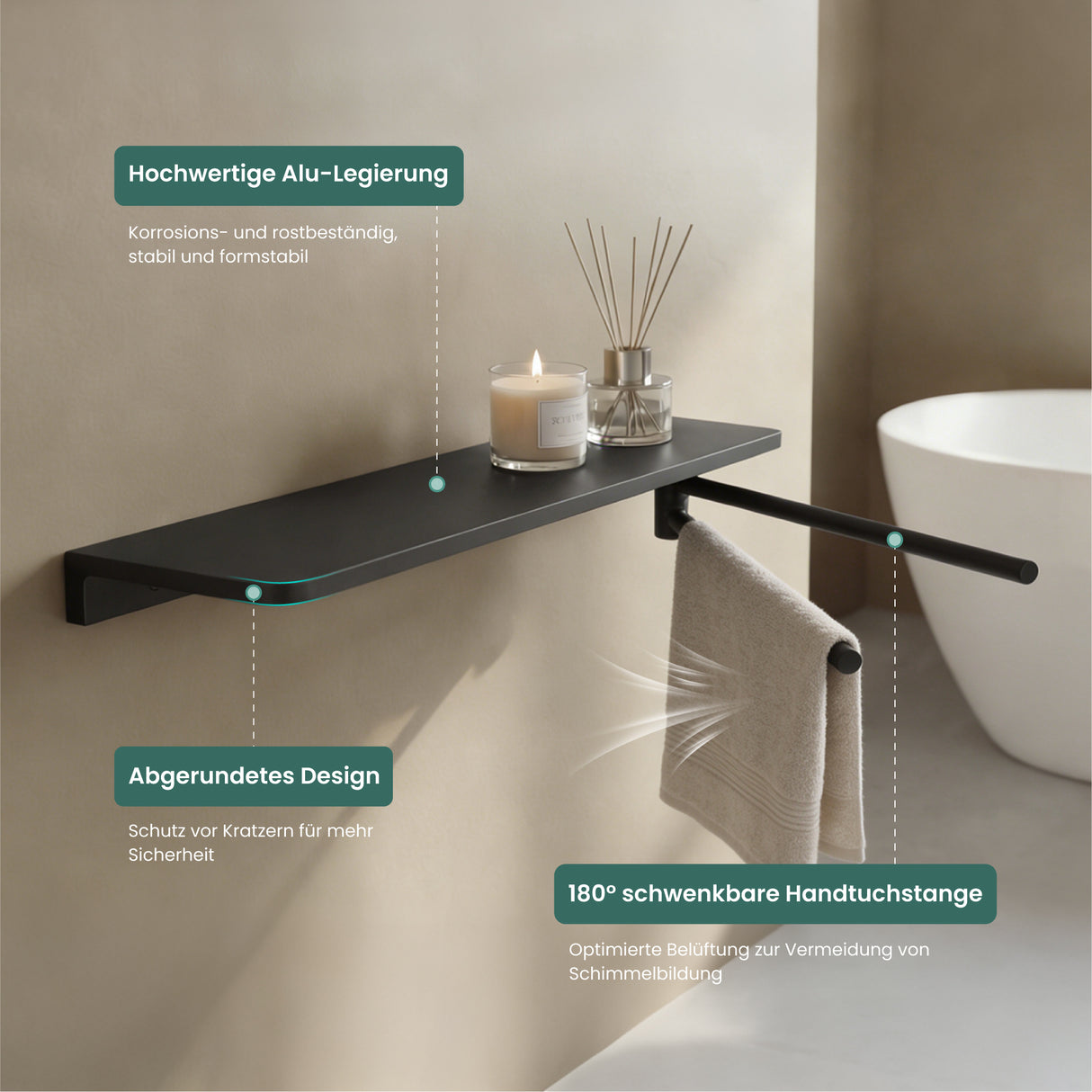 glasvilla Mensola da Parete Multifunzionale, Mensola per Doccia in Alluminio con Portasciugamani Mensola da Appendere per Bagno o Cucina, Reglo-19
