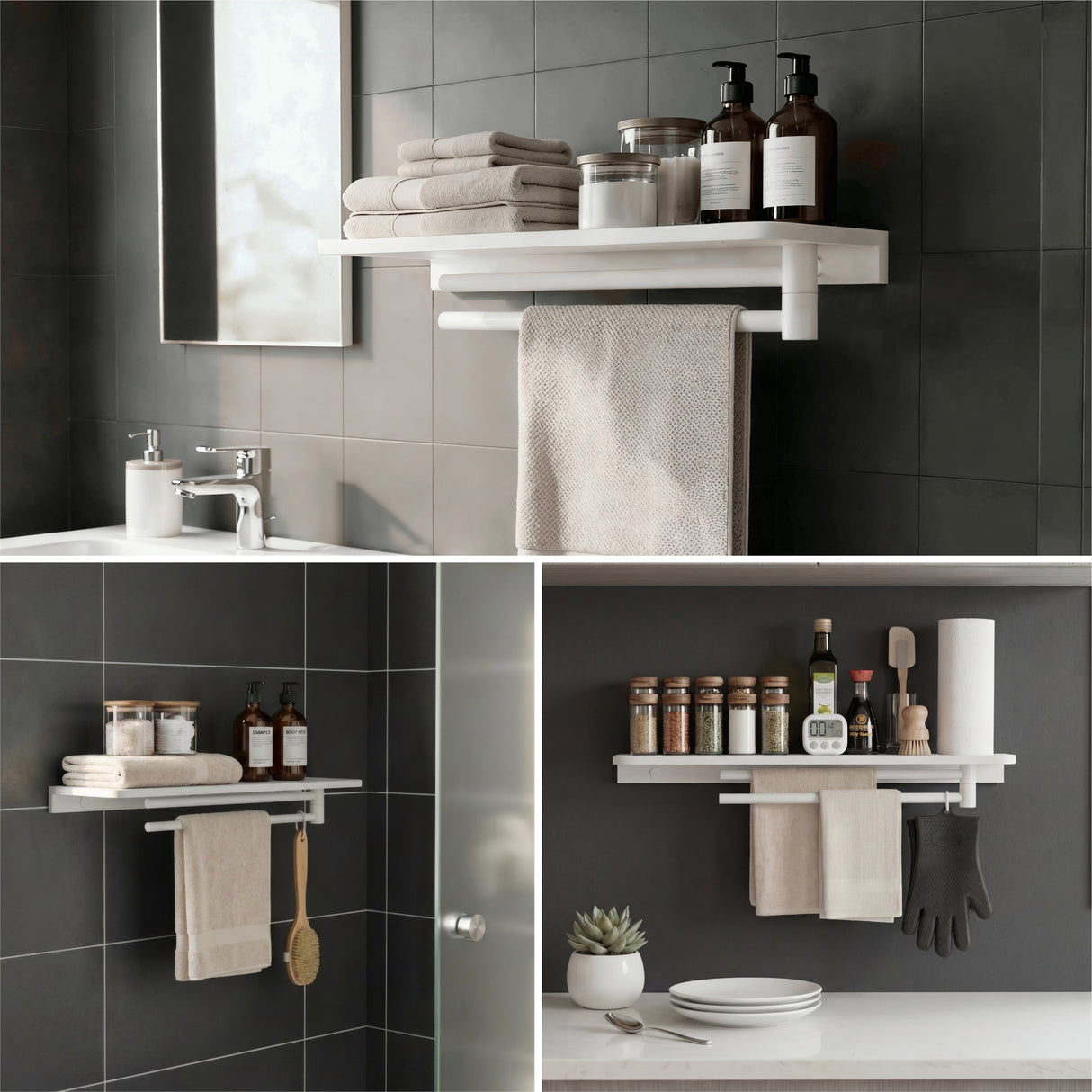 glasvilla Mensola da Parete Multifunzionale, Mensola per Doccia in Alluminio con Portasciugamani Mensola da Appendere per Bagno o Cucina, Reglo-19