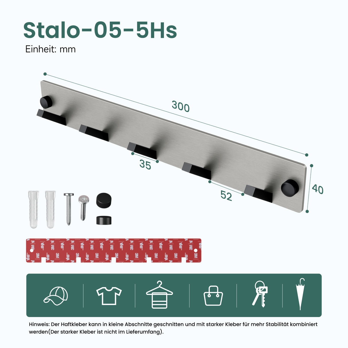 glasvilla Wandgarderobe Wandhaken aus Aluminium Garderobe mit klappbaren Haken Garderobenleiste Garderobenhaken Kleiderhaken Stalo-04+05