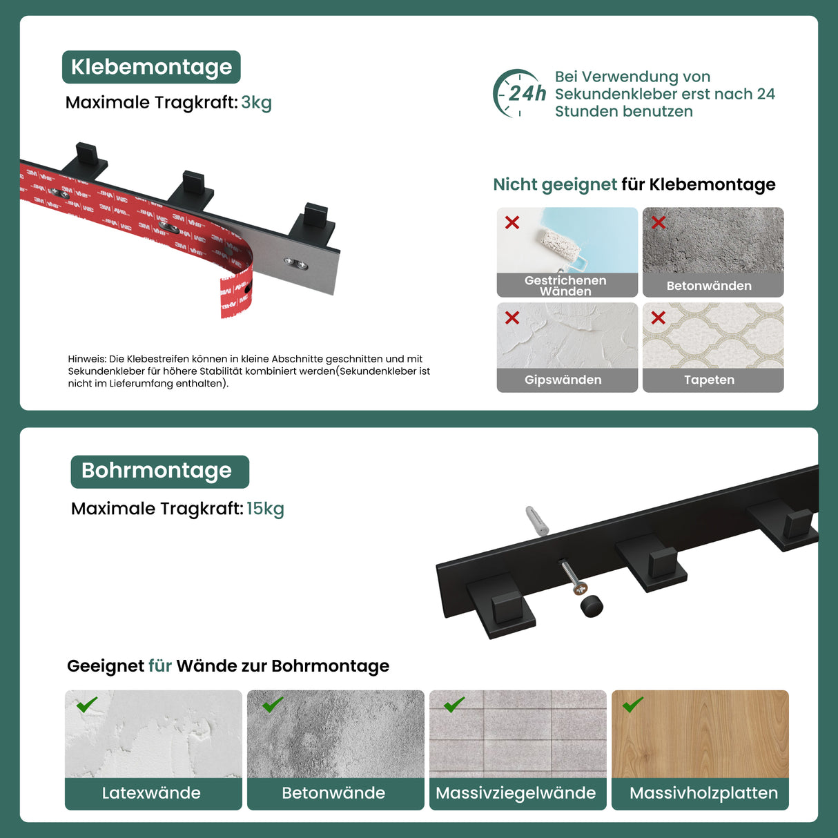 glasvilla Kleiderhaken Wandgarderobe Wandhaken aus Edelstahl Garderobenleiste Garderobenhaken Stalo-06+Stalo-07