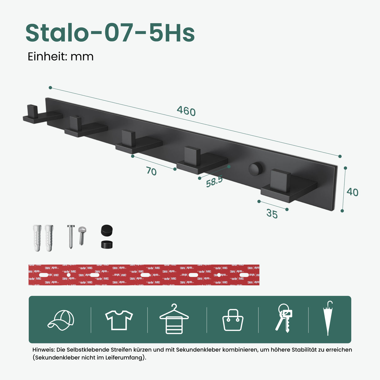 glasvilla Kleiderhaken Wandgarderobe Wandhaken aus Edelstahl Garderobenleiste Garderobenhaken Stalo-06+Stalo-07