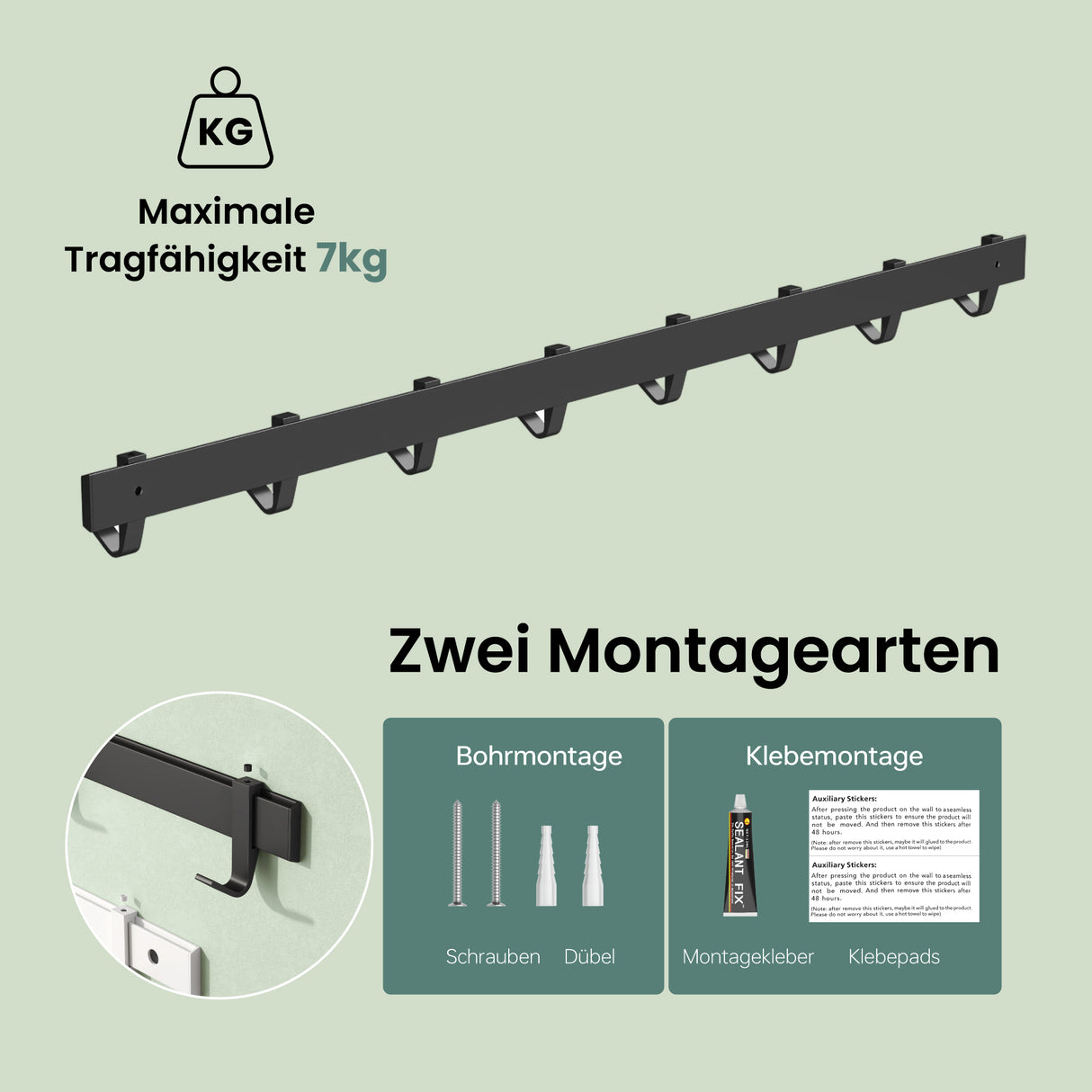 glasvilla Appendiabiti da Parete con Ganci Scorrevoli, Attaccapanni da Muro in Alluminio Appendiabiti per Cameretta, Ingresso, Cucina, Stalo-12