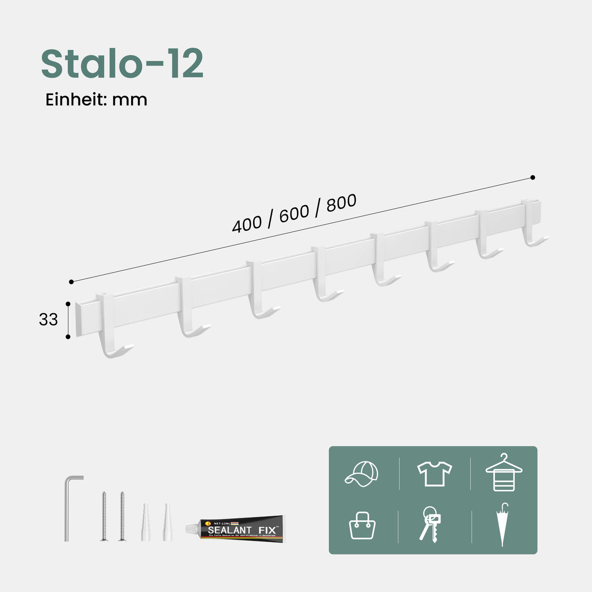 glasvilla Appendiabiti da Parete con Ganci Scorrevoli, Attaccapanni da Muro in Alluminio Appendiabiti per Cameretta, Ingresso, Cucina, Stalo-12