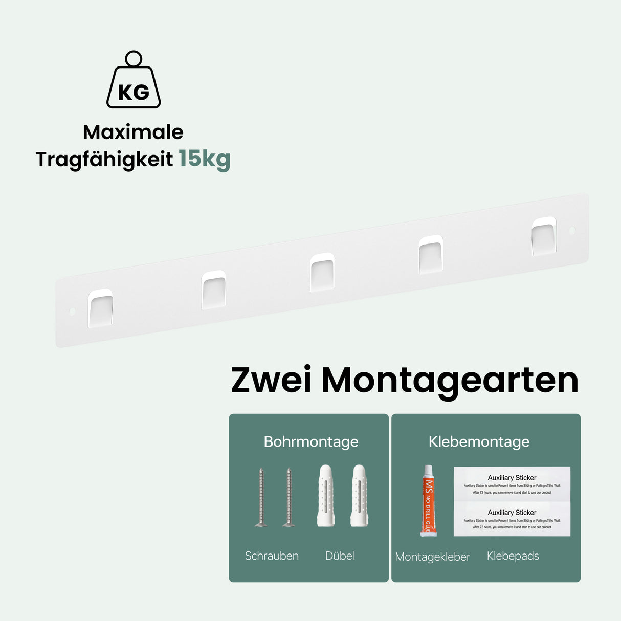glasvilla Kleiderhaken ohne Bohren Wandgarderobe Wandhaken mit 5 Haken Garderobenleiste Garderobenhaken Stalo-14