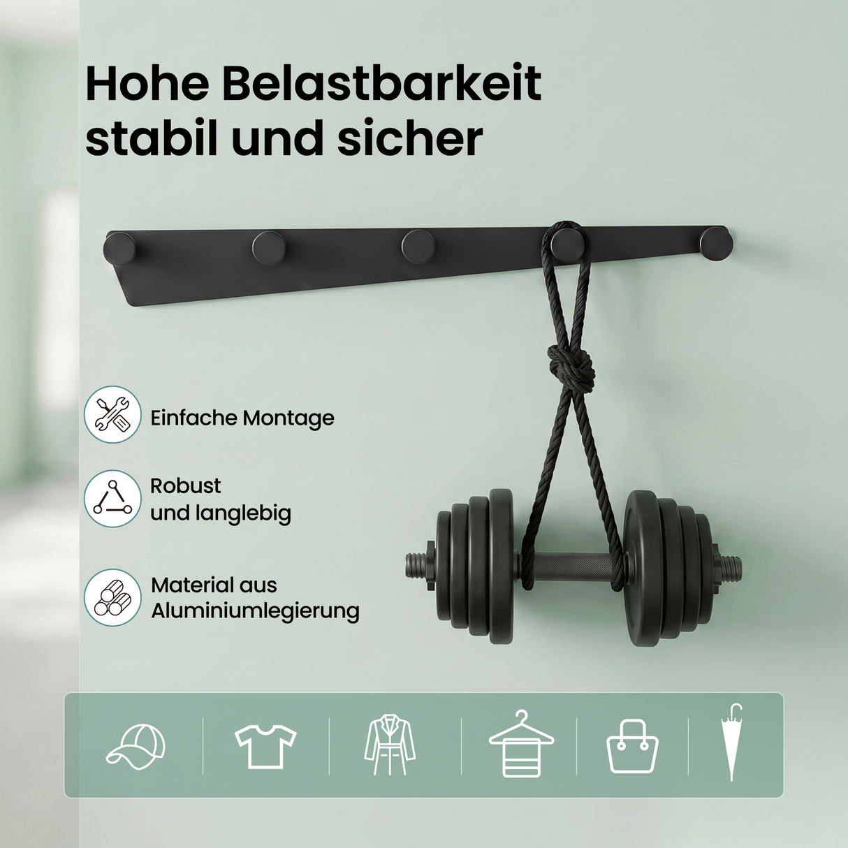 glasvilla Garderobenhaken zum Bohren oder Kleben, Kleiderhaken aus Aluminiumlegierung, Garderobenleiste mit 5 Haken, Hakenleiste Stalo-18
