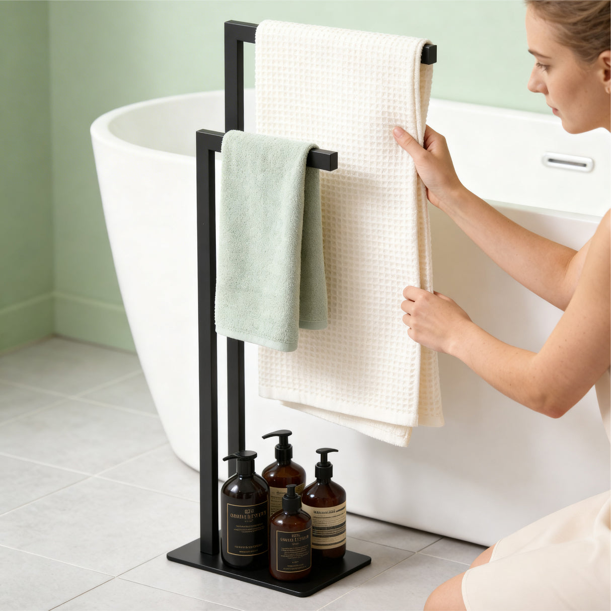 glasvilla Porta Asciugamani Bagno da Terra a 2 Bracci, Portasciugamani in Acciaio per Bagno, Antiruggine, Tavrin-02