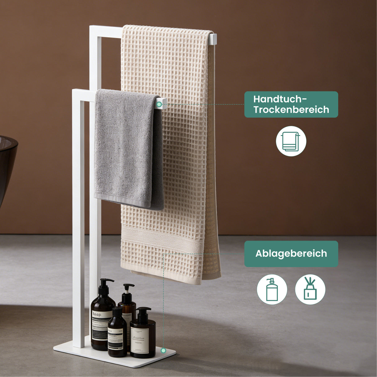 glasvilla Porta Asciugamani Bagno da Terra a 2 Bracci, Portasciugamani in Acciaio per Bagno, Antiruggine, Tavrin-02